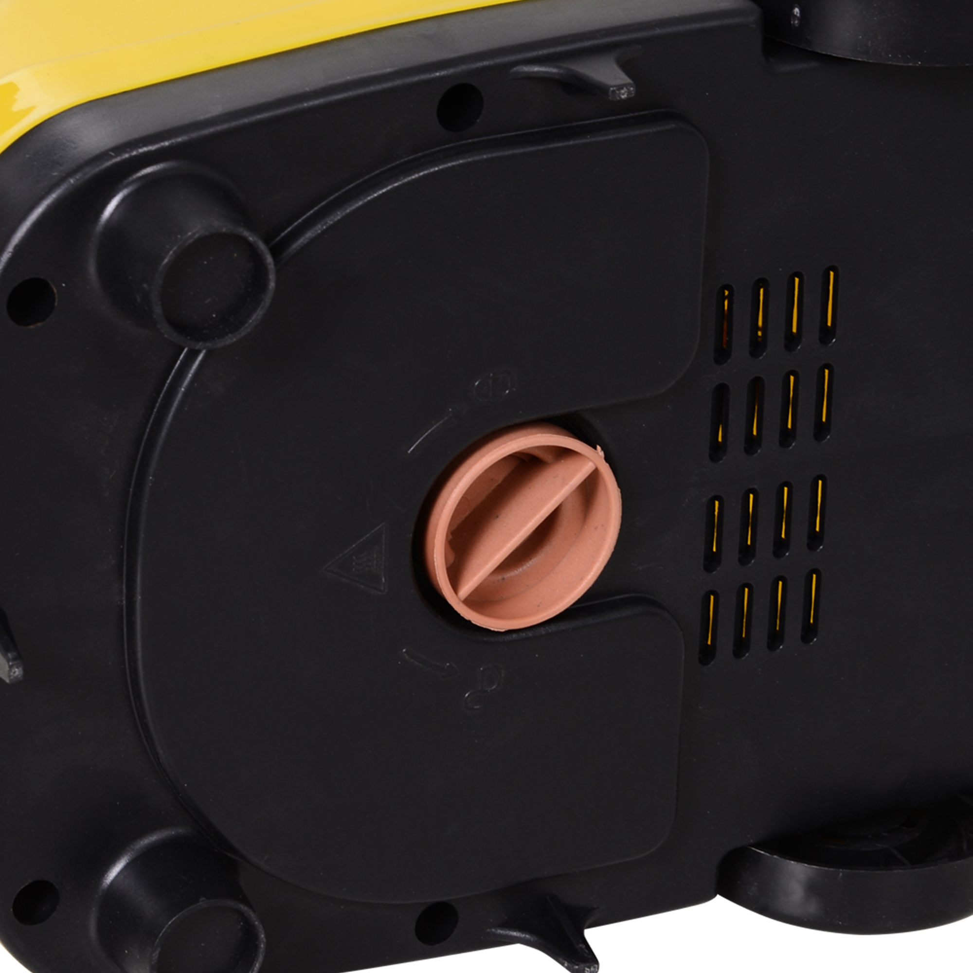 Parte inferiore di un dispositivo giallo, cappuccio marrone.