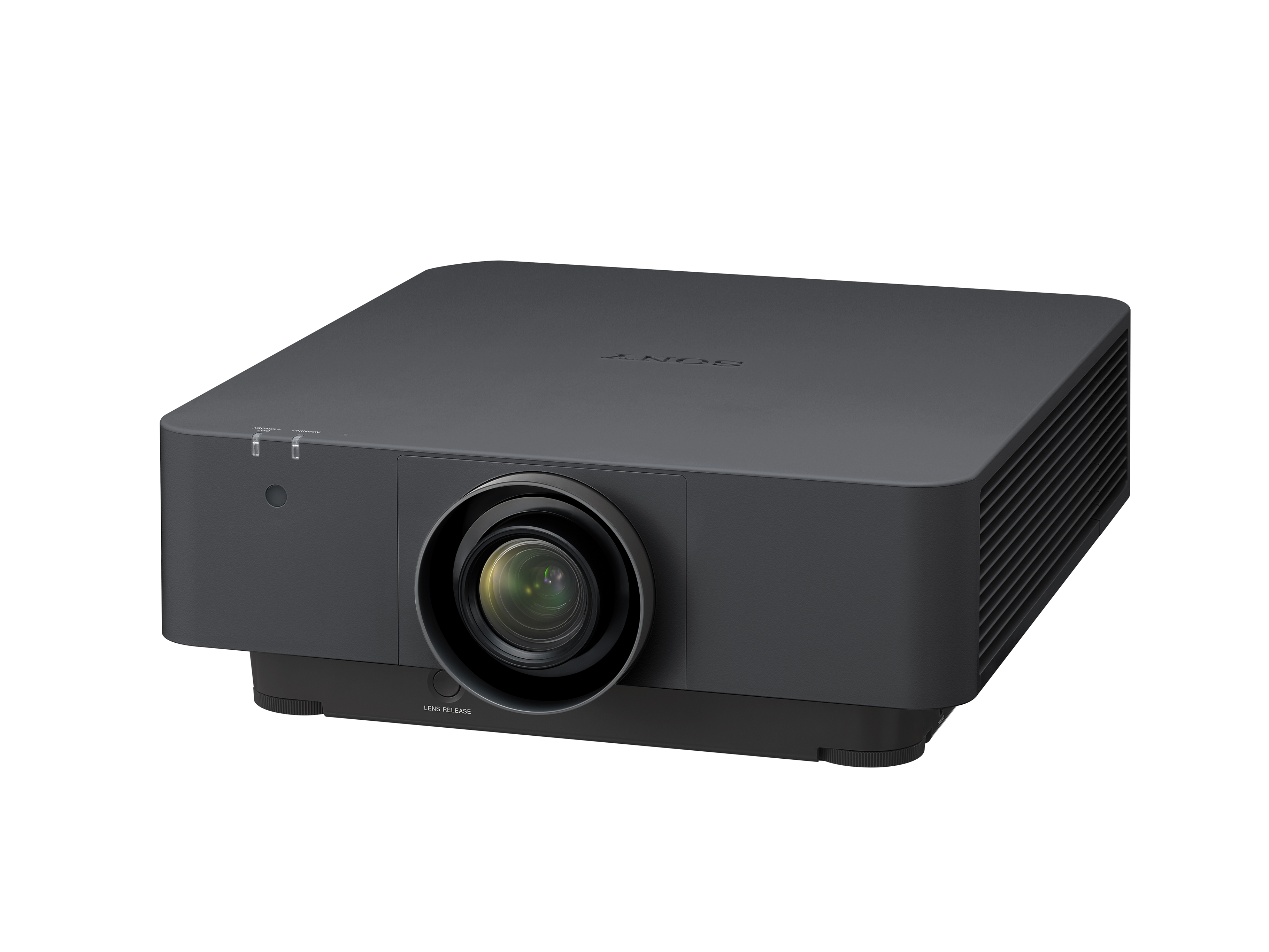 Proiettore Sony nero con grande lente e corpo grigio scuro, isolato su sfondo bianco.