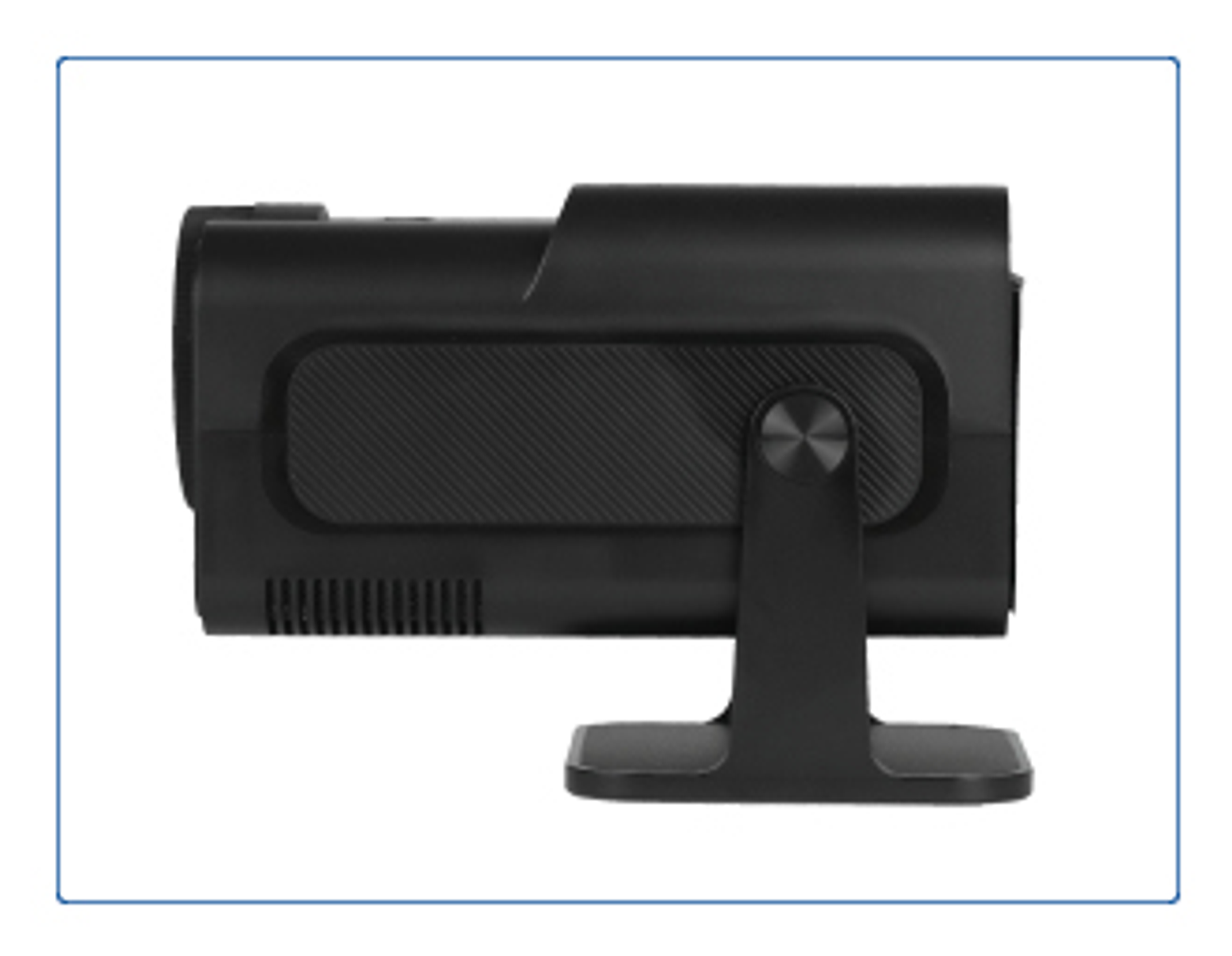 Proyector negro con soporte, mostrando la vista lateral.