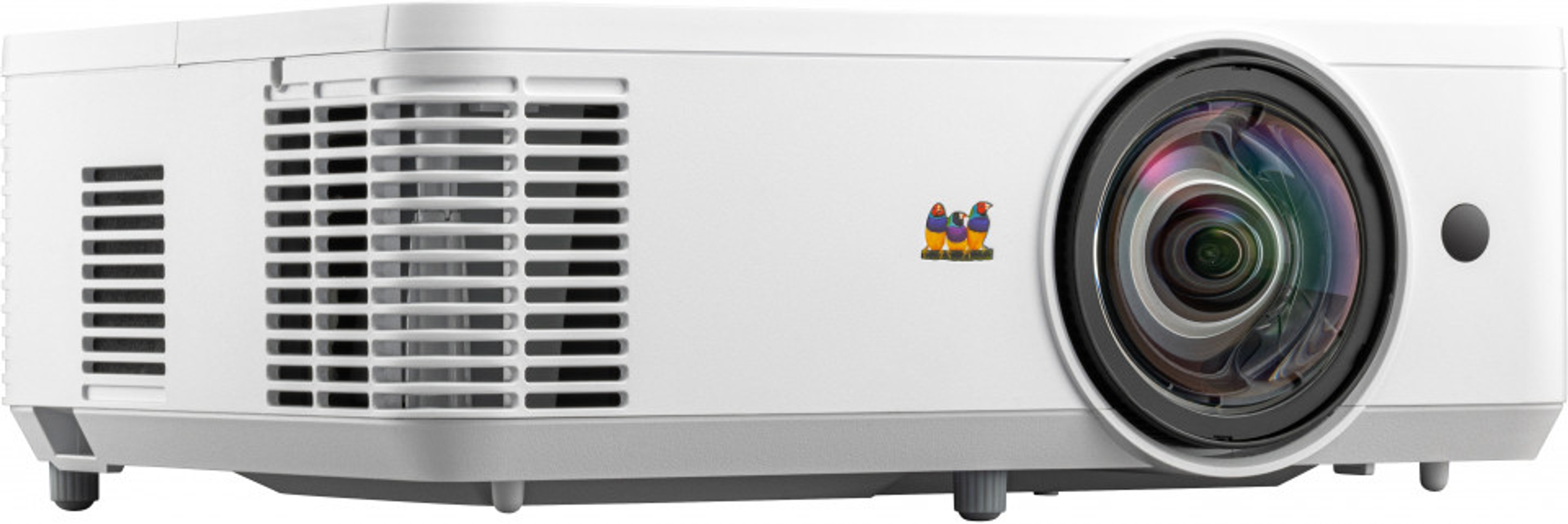 Biały projektor z dużą soczewką, logo ViewSonic i żebrowanym korpusem.