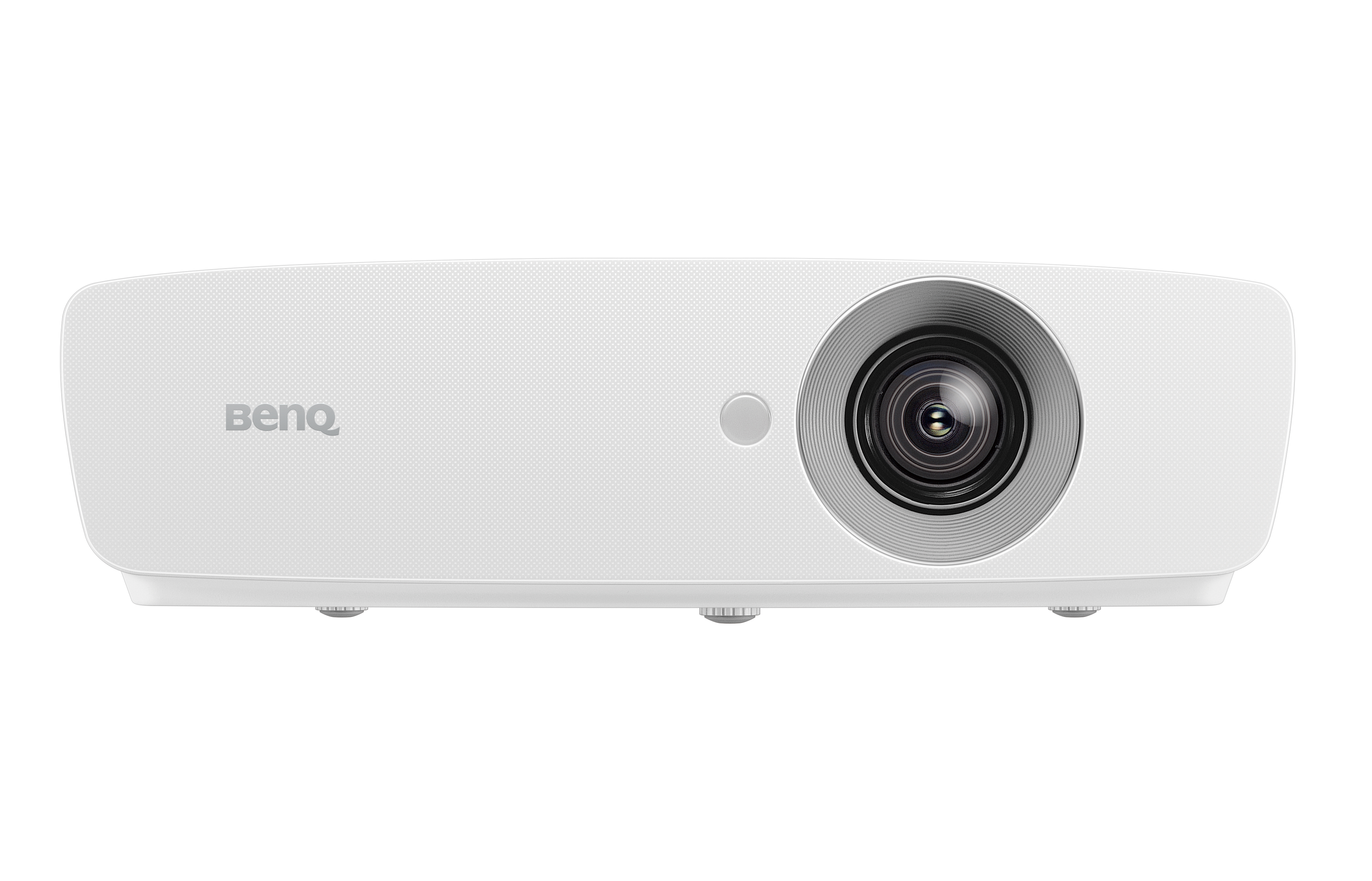 Proiettore BenQ bianco. Vista frontale. Obiettivo e pulsante di controllo. Logo BenQ. Anelli argentati.