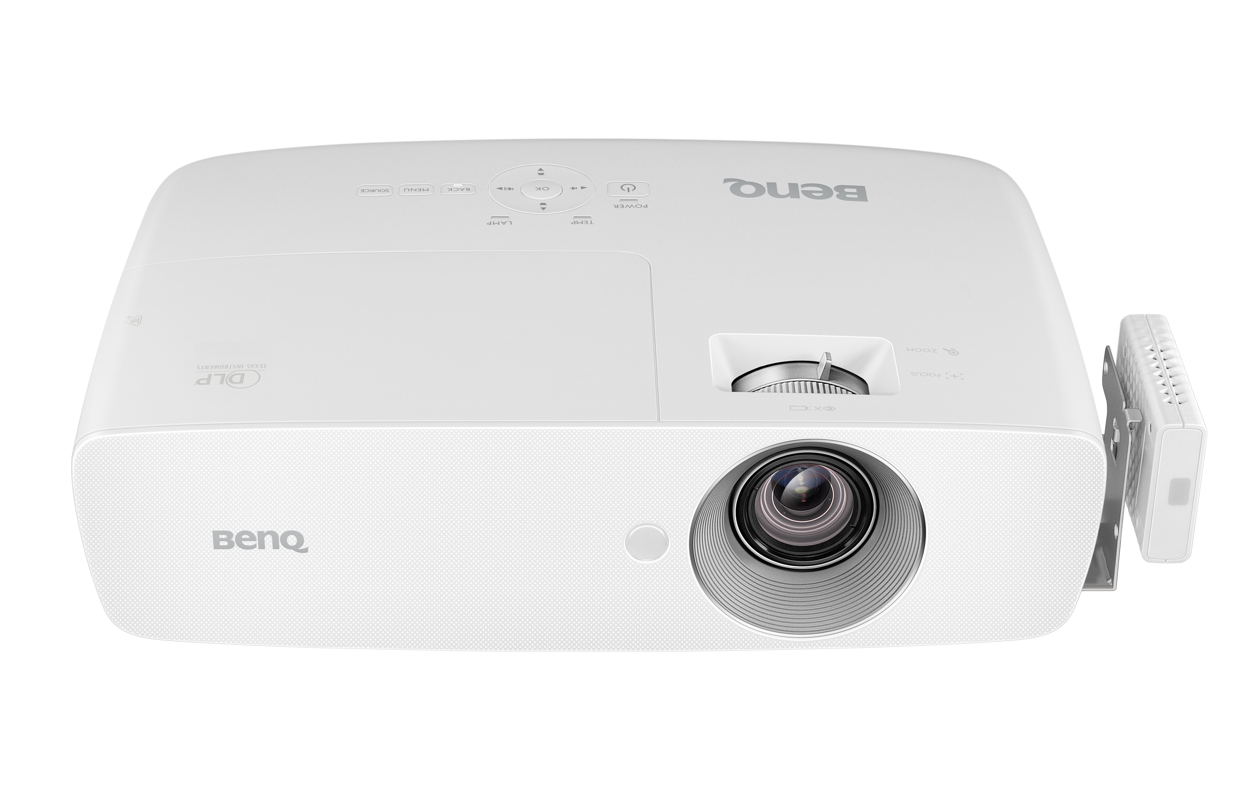Proiettore BenQ bianco con lente e pulsanti. Ha una porta laterale per un dispositivo.