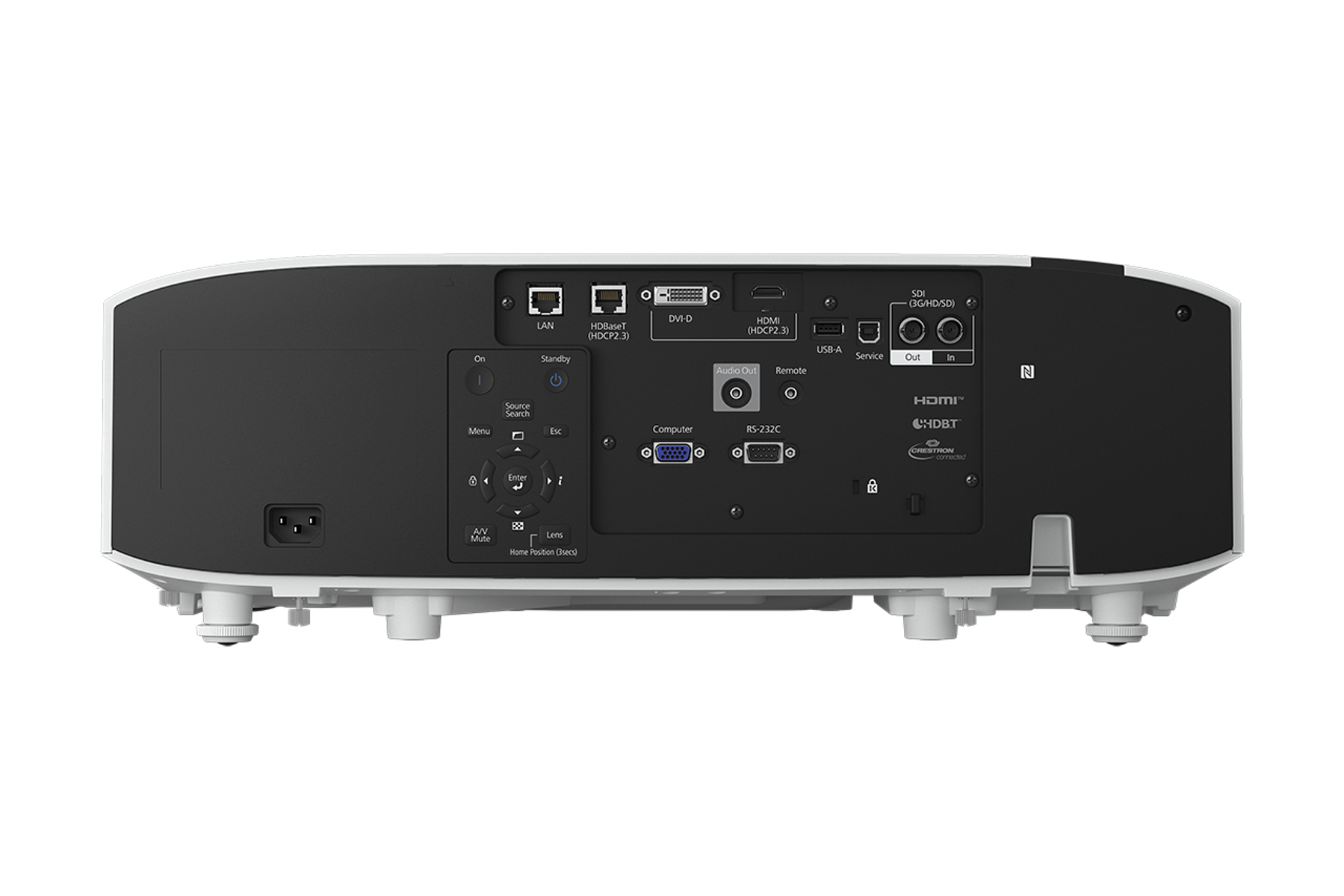 Rückseite eines weißen Projektors mit verschiedenen Anschlüssen, darunter HDMI, USB, LAN und Stromeingang.