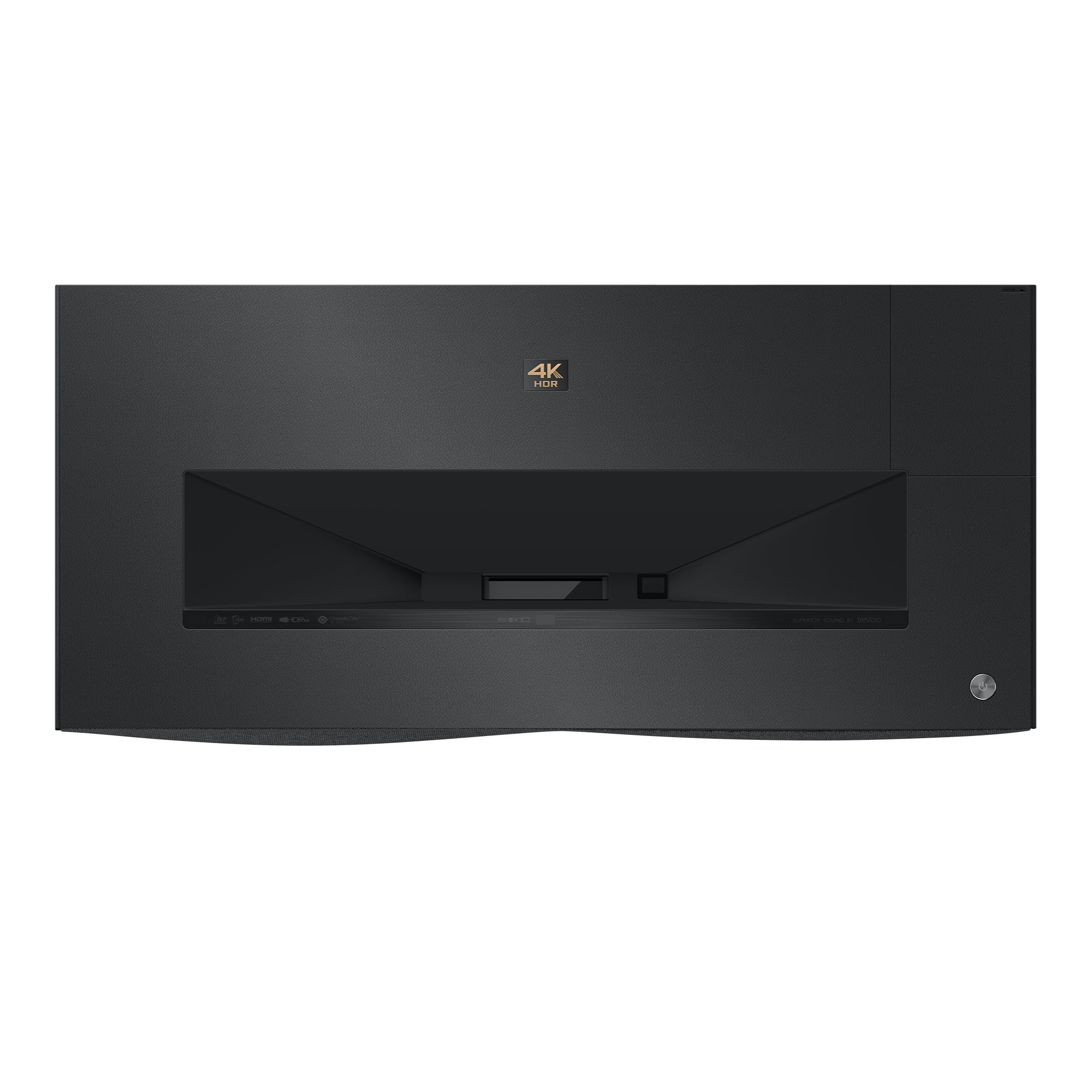 Écran de projecteur noir avec logo 4K et plusieurs ports. Il y a aussi le mot "4K".