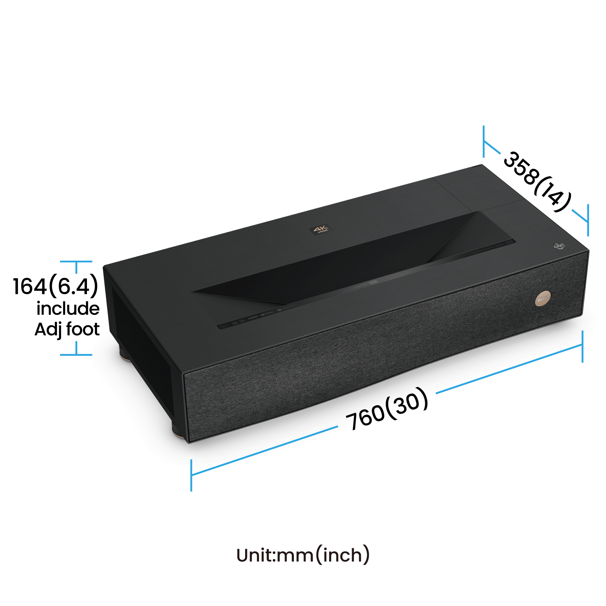 Projecteur noir, dimensions indiquées, avec surface sombre et unités de mesure.