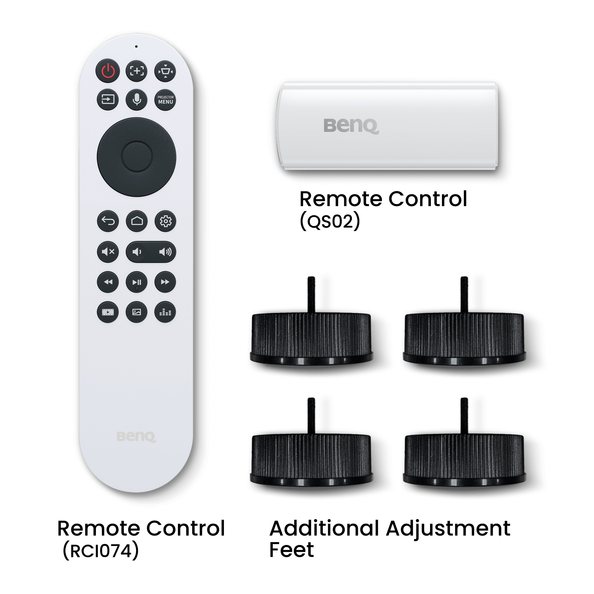 Télécommandes, pieds supplémentaires, le tout sur une surface blanche. Étiquettes : BenQ, Télécommande.