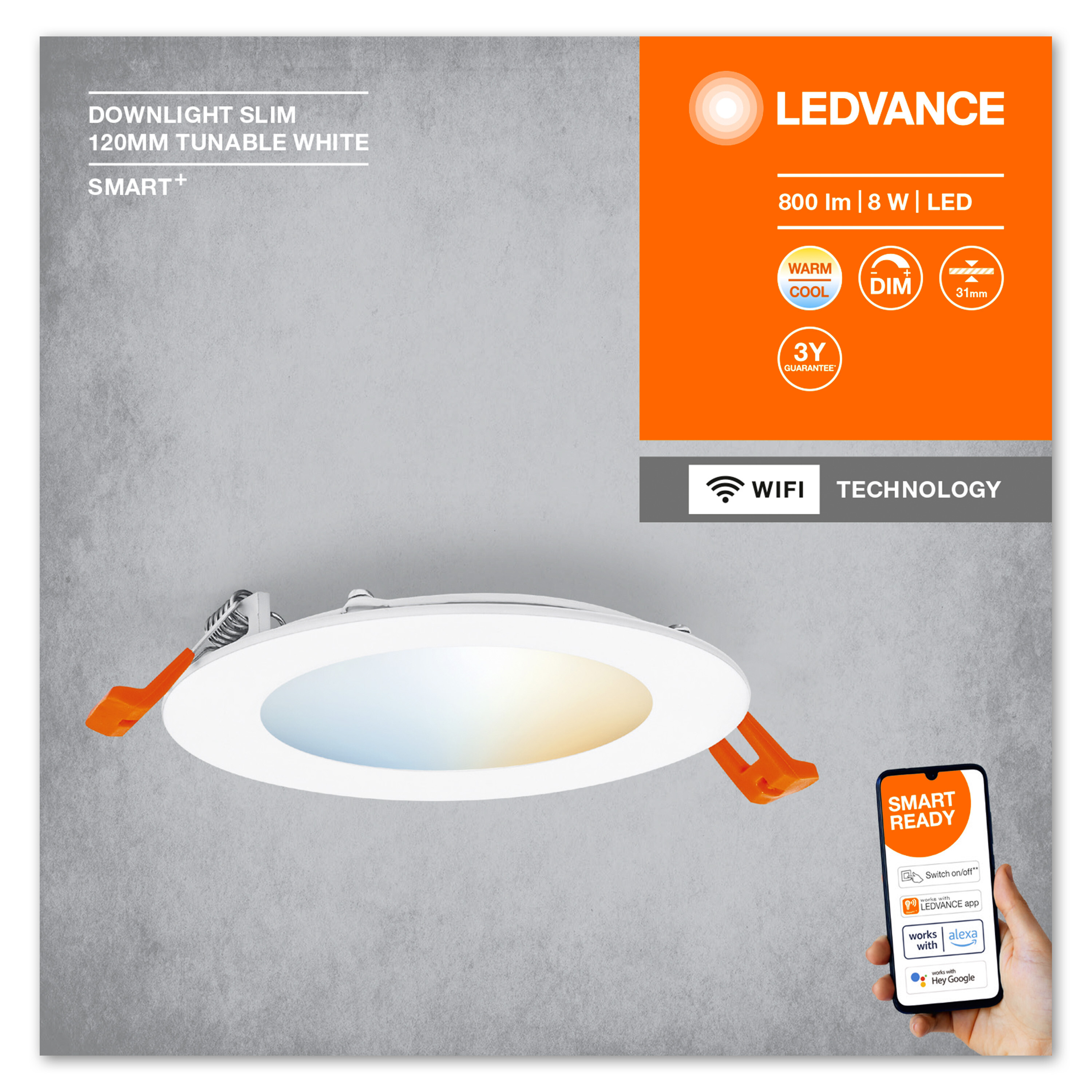Ein weißer LED-Downlight ist an einer grauen Wand installiert, daneben ein Smartphone mit Smart-Home-App.