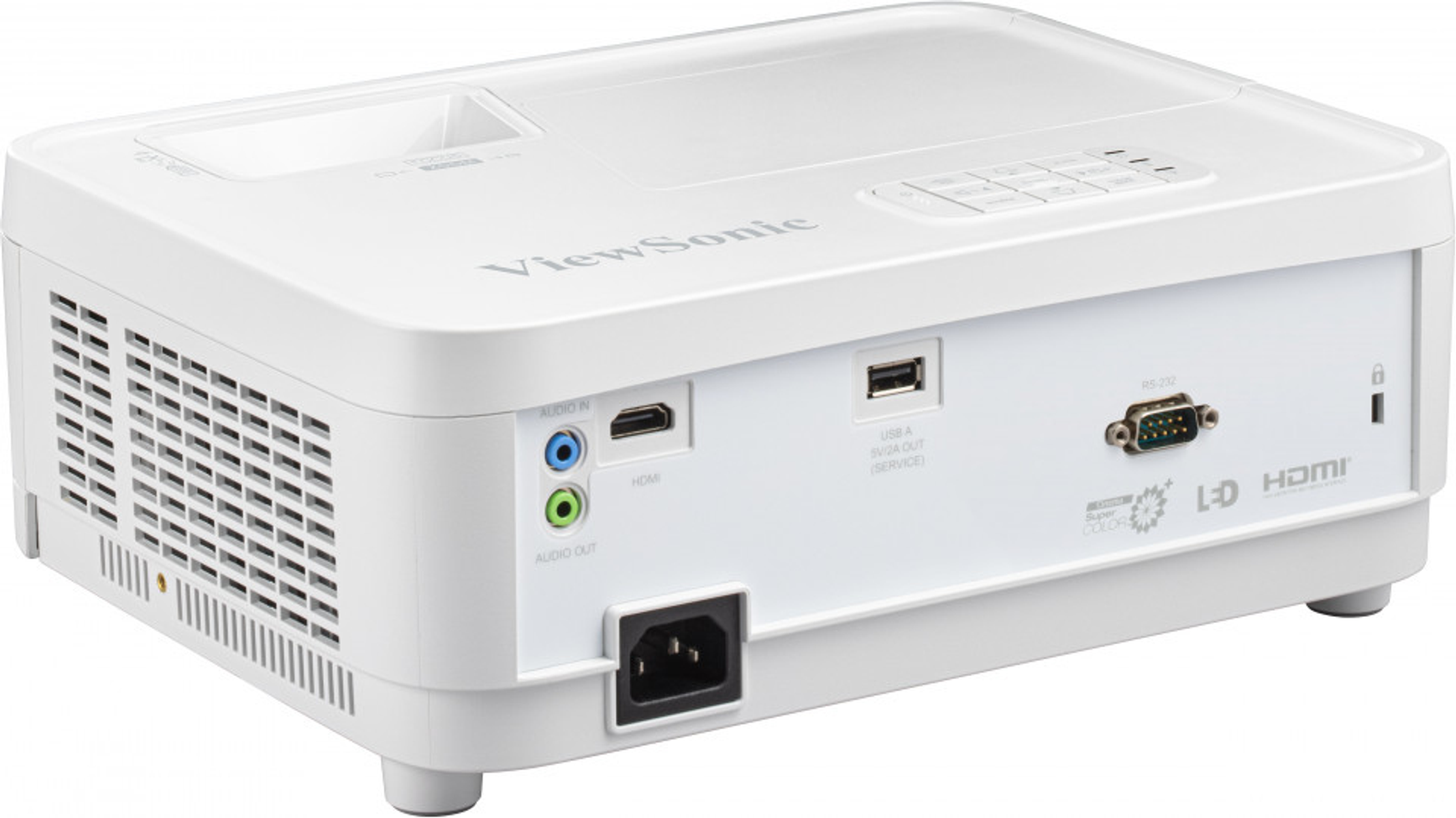 Beyaz ViewSonic projektör arka paneli, HDMI, USB, ses ve güç girişleri ve konektörler ile.