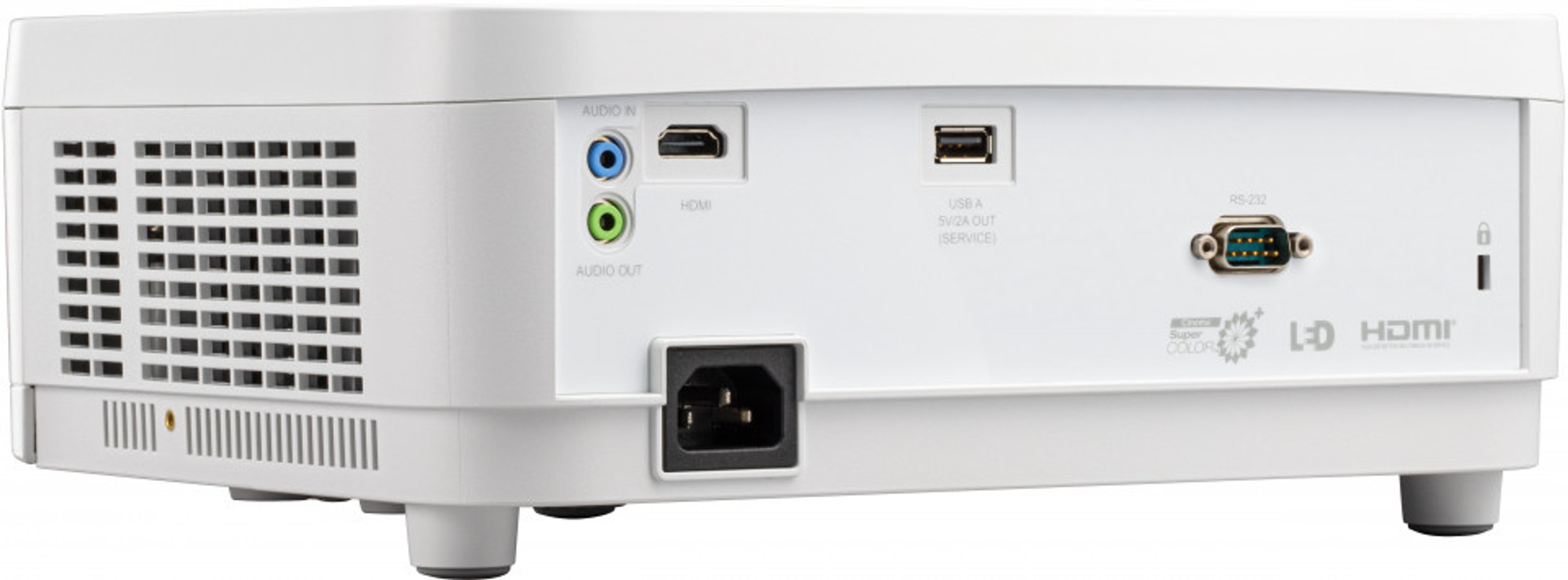 Beyaz projektör arkası. Portlar: ses, HDMI, USB ve RS-232. Güç fişi ve havalandırma içerir.