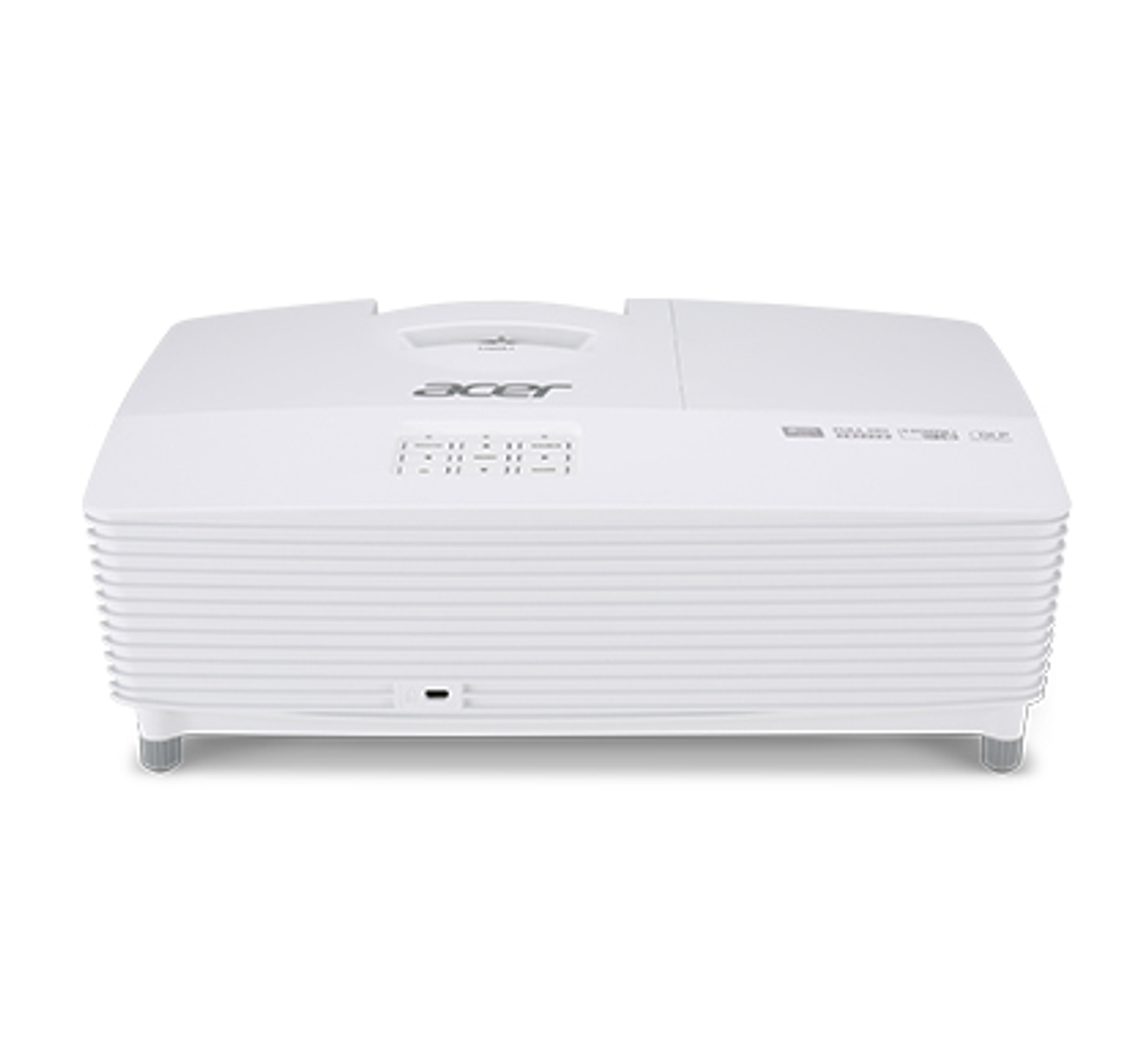 Proiettore Acer bianco, vista dall'alto. Presenta il logo Acer e i pulsanti di controllo sulla superficie superiore.