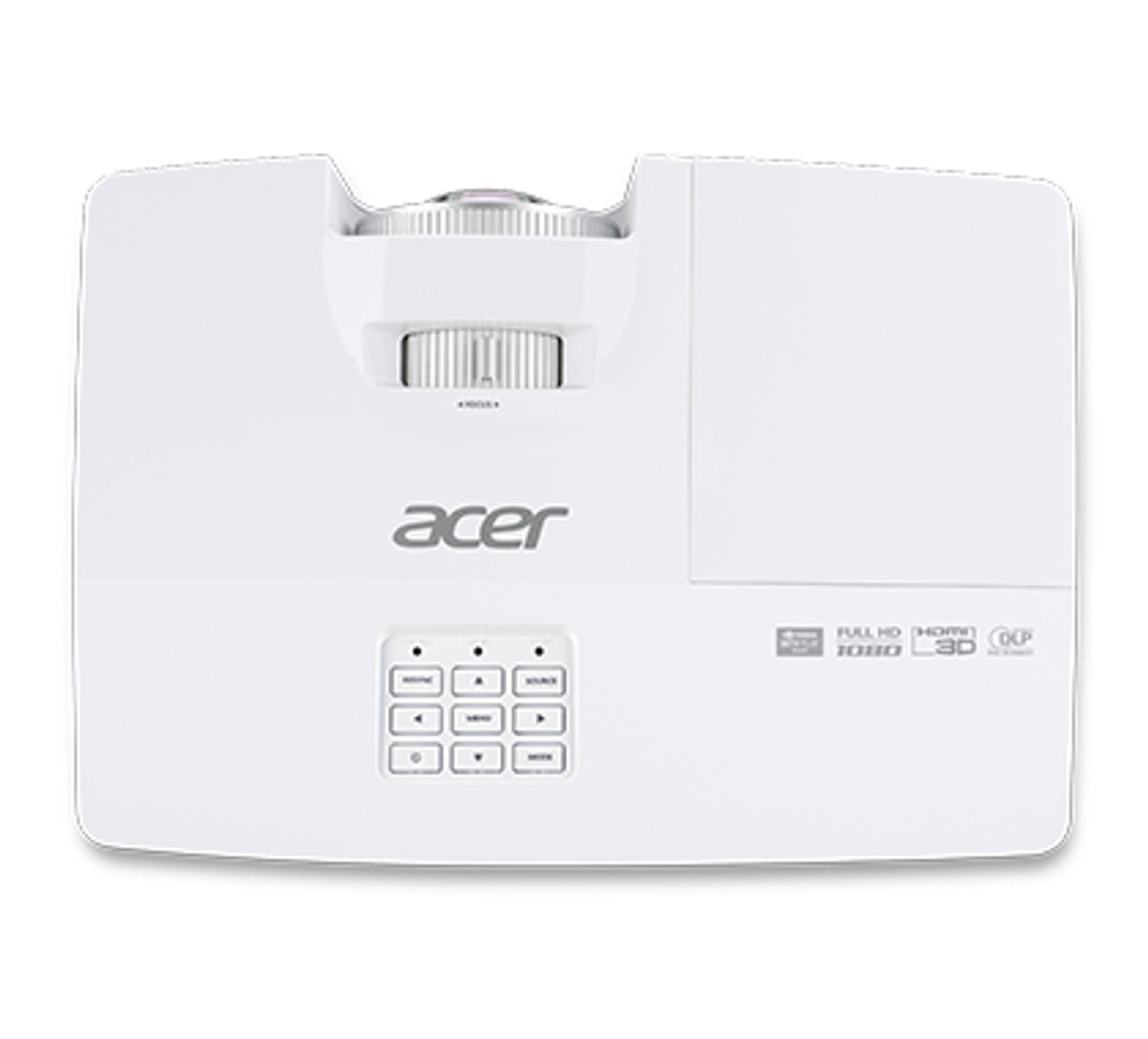Proiettore Acer bianco, vista dall'alto, con controlli e ghiera di messa a fuoco visibili.