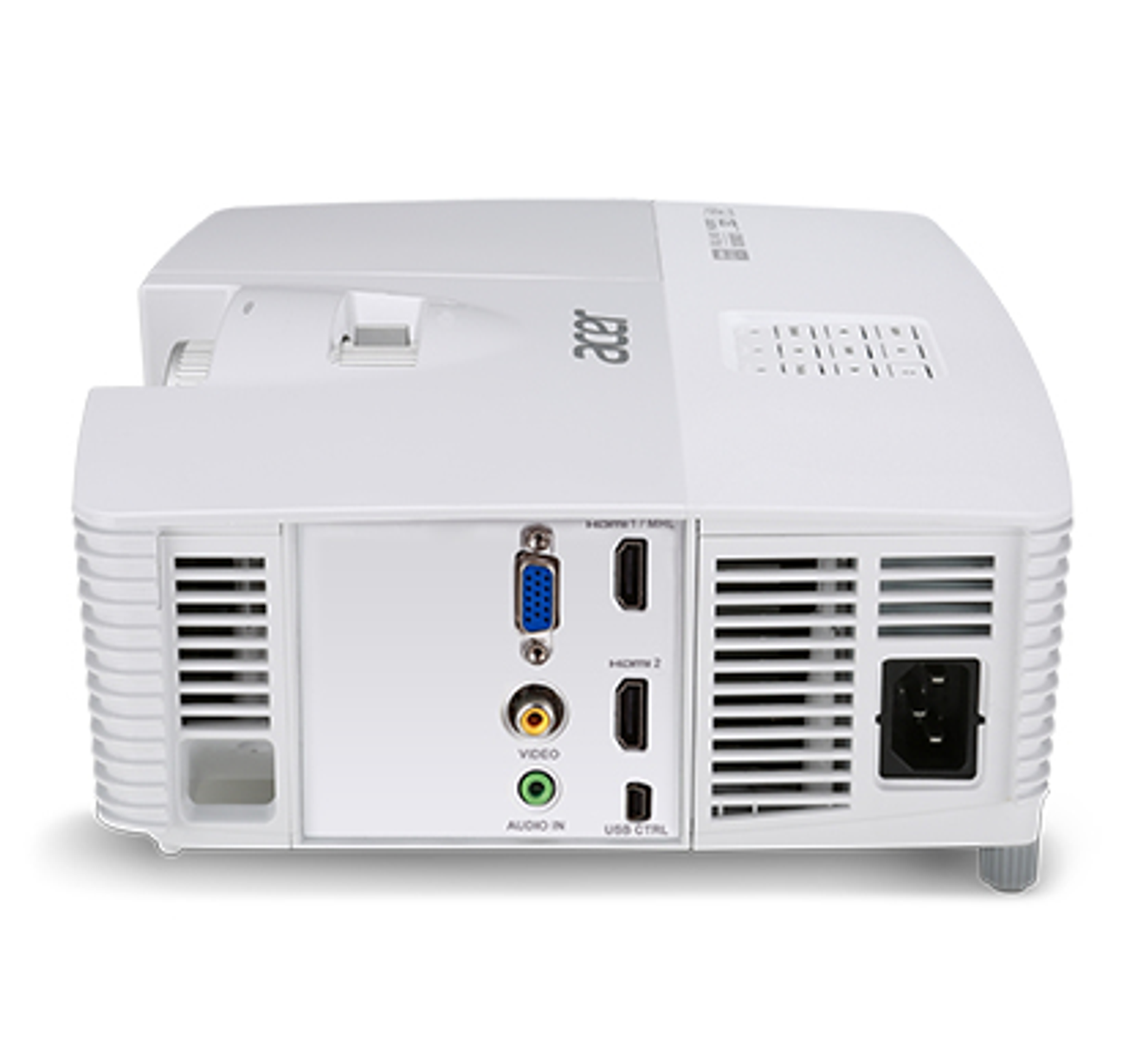 Vista posteriore del proiettore Acer bianco con porte per video, audio, HDMI e USB. Porta di alimentazione nera.