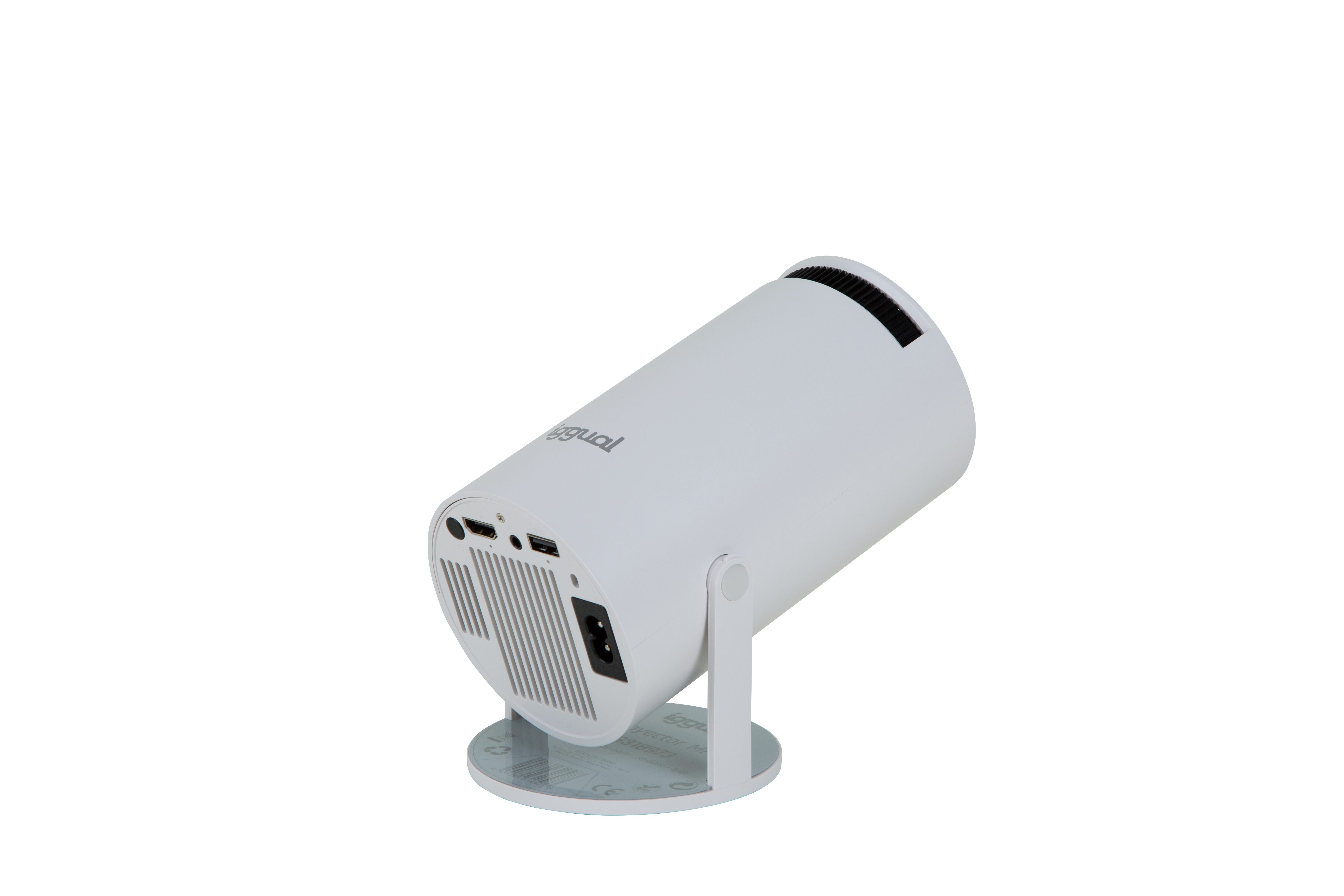 Un proyector blanco y plateado en ángulo, forma cilíndrica.