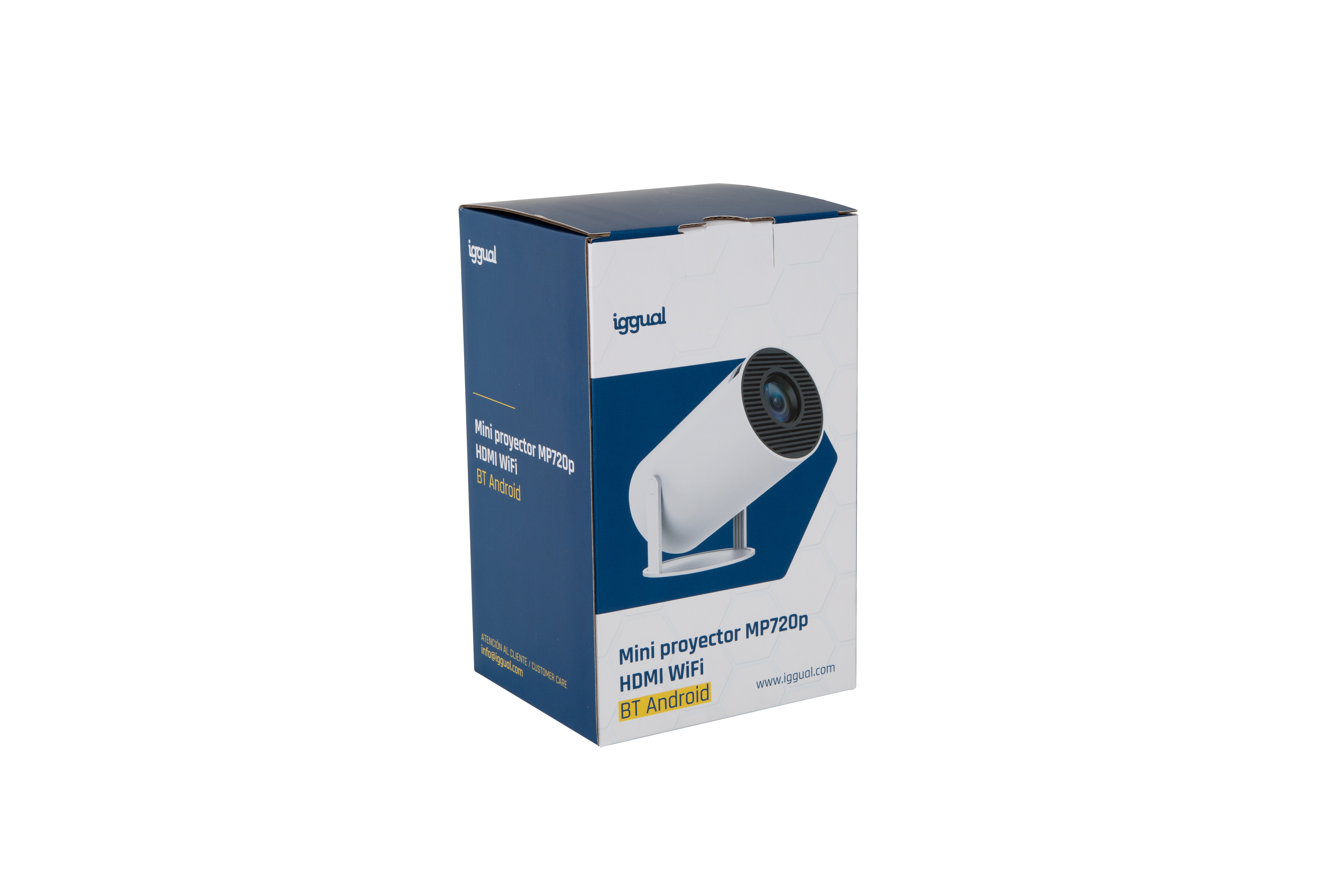 Caja con imagen de proyector blanco. La caja tiene diseño azul y blanco.