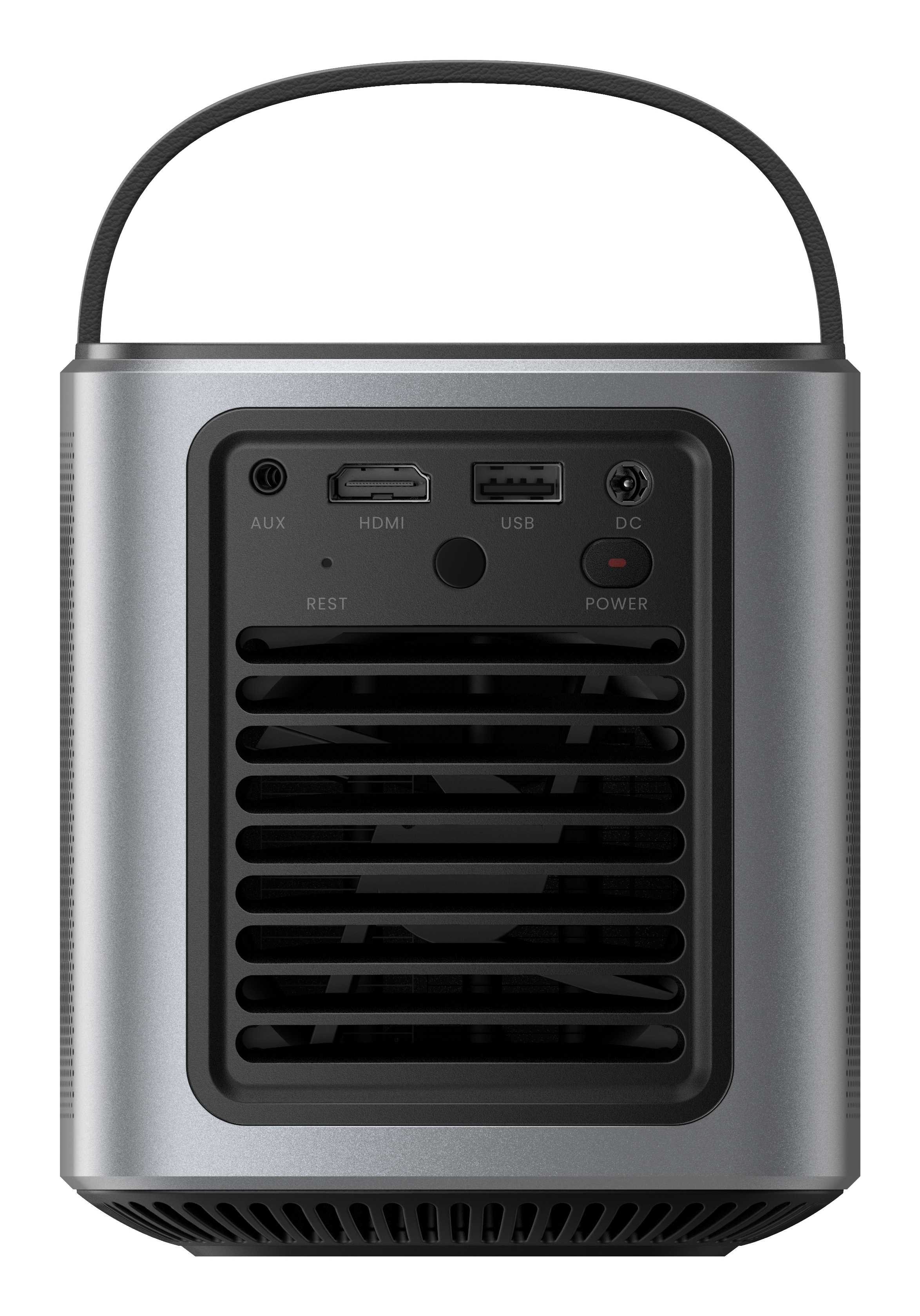 Srebrno-czarny projektor z portami połączeniowymi i uchwytem.