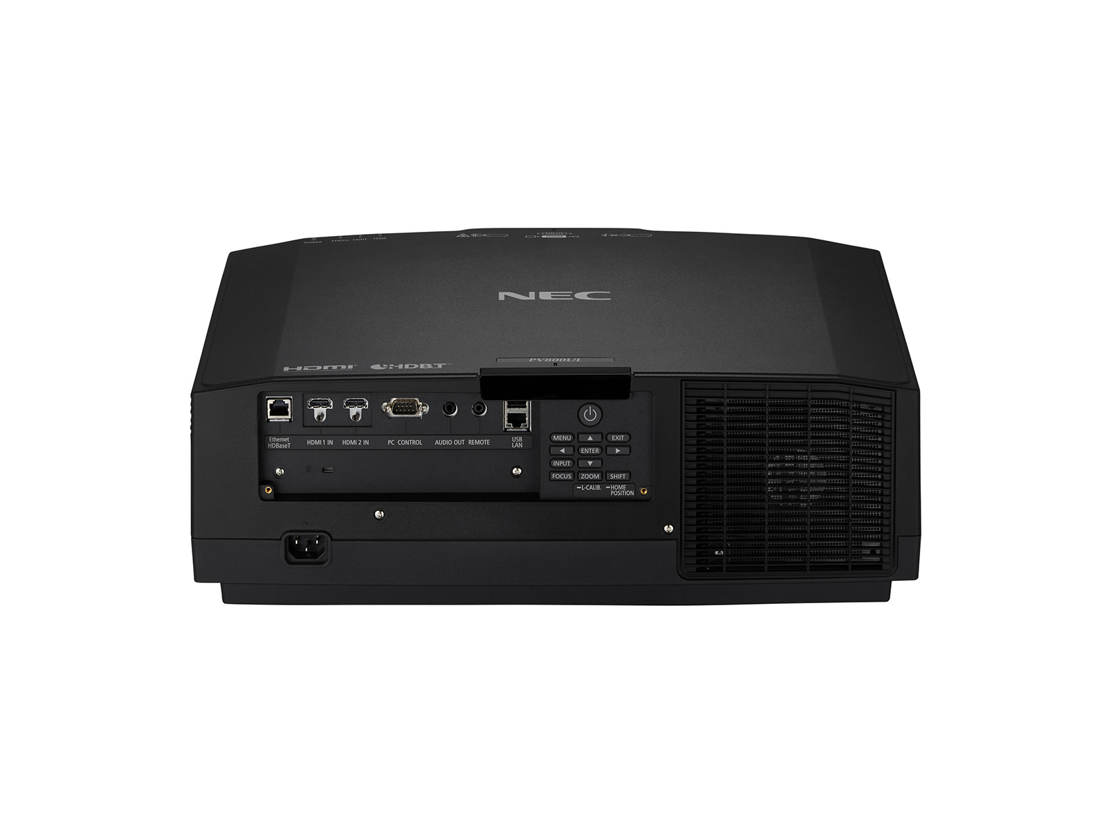 Parte trasera del proyector NEC negro. Varios puertos y controles, incluyendo HDMI y entrada de alimentación. Fondo blanco.