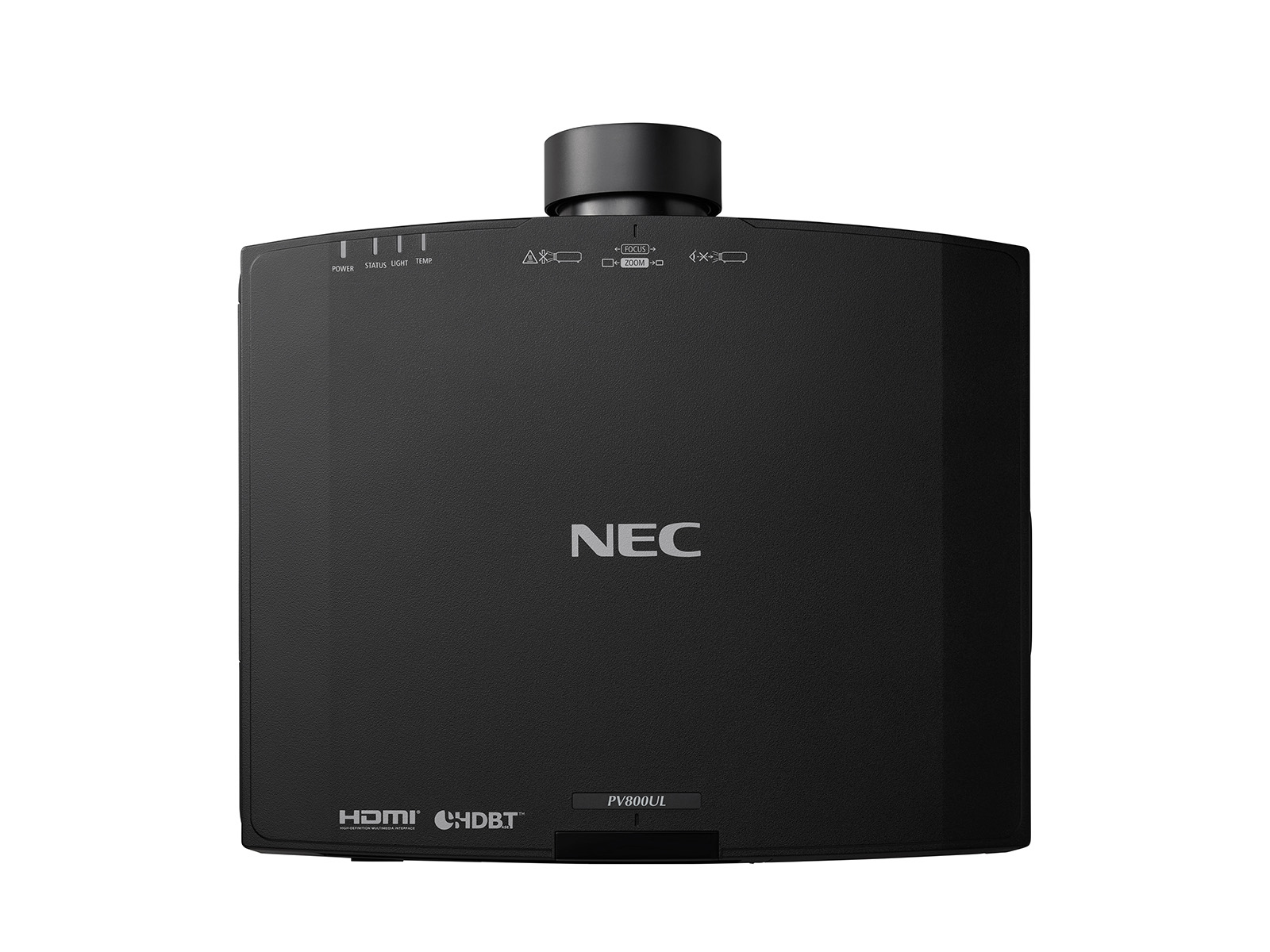 Proyector NEC negro. Vista superior. Logotipo de NEC en la parte frontal.