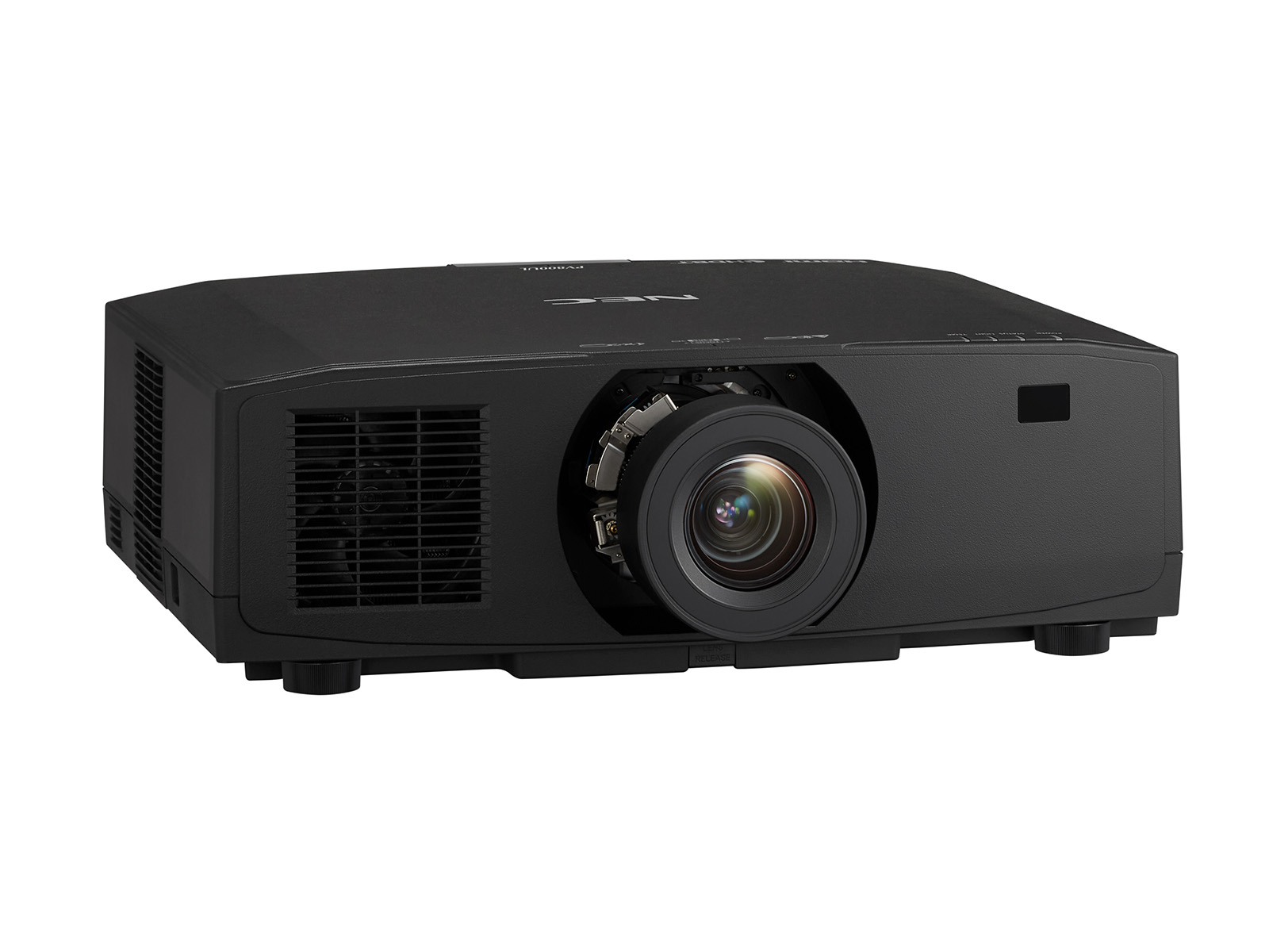 Un proyector NEC negro. Está en ángulo, mostrando la lente y la ventilación. La superficie es blanca.