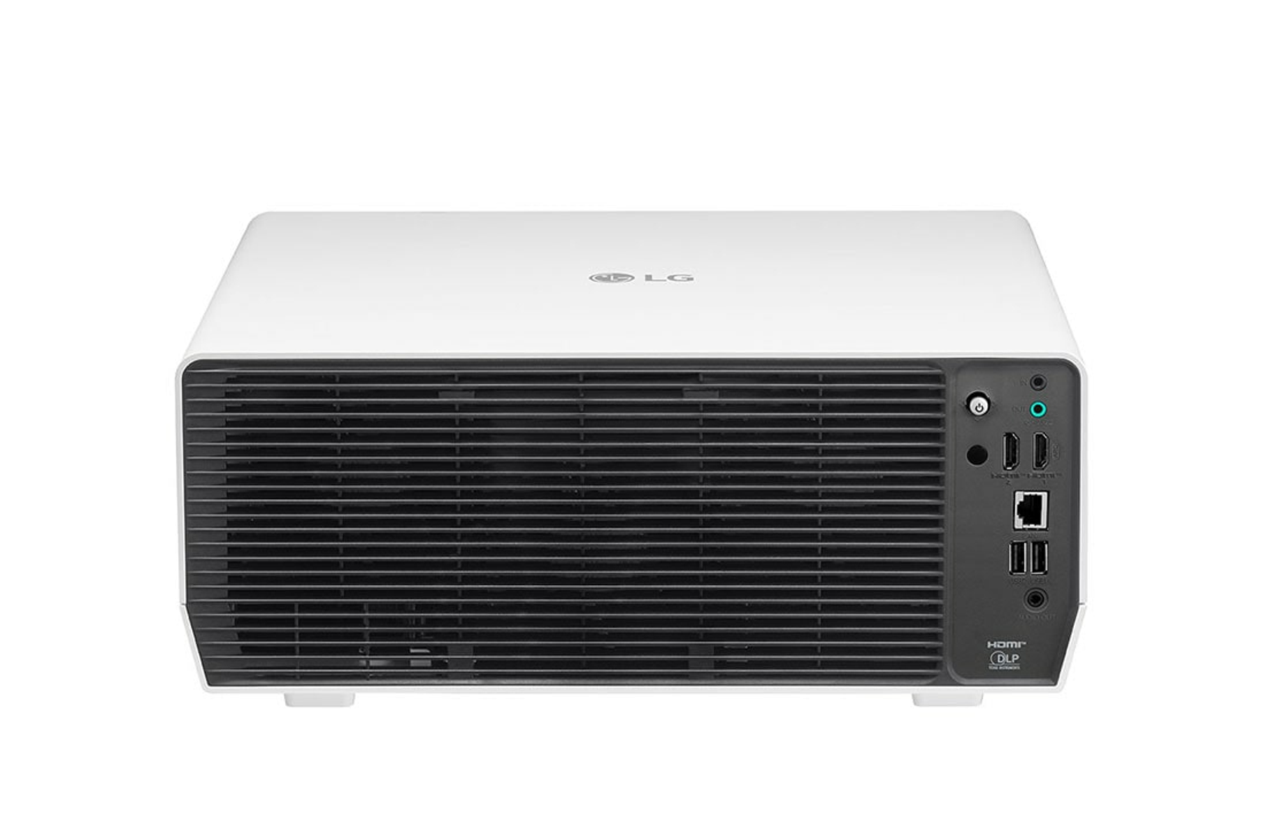 Parte trasera de un proyector LG blanco con rejilla, puertos y botones de control.