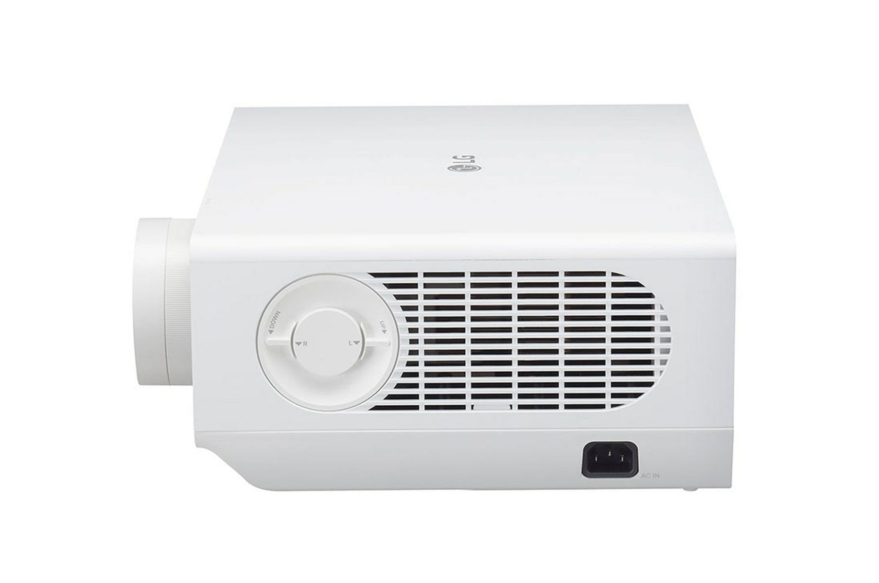 Proyector LG blanco, vista lateral, con dial y rejillas de ventilación, sobre fondo blanco.
