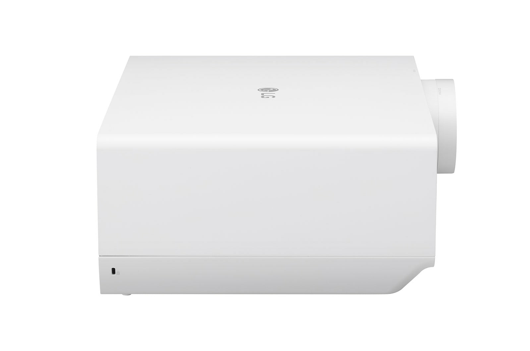Proyector blanco. Vista lateral. Lente cilíndrica a la derecha. Logotipo de LG arriba. Aislado sobre fondo blanco.