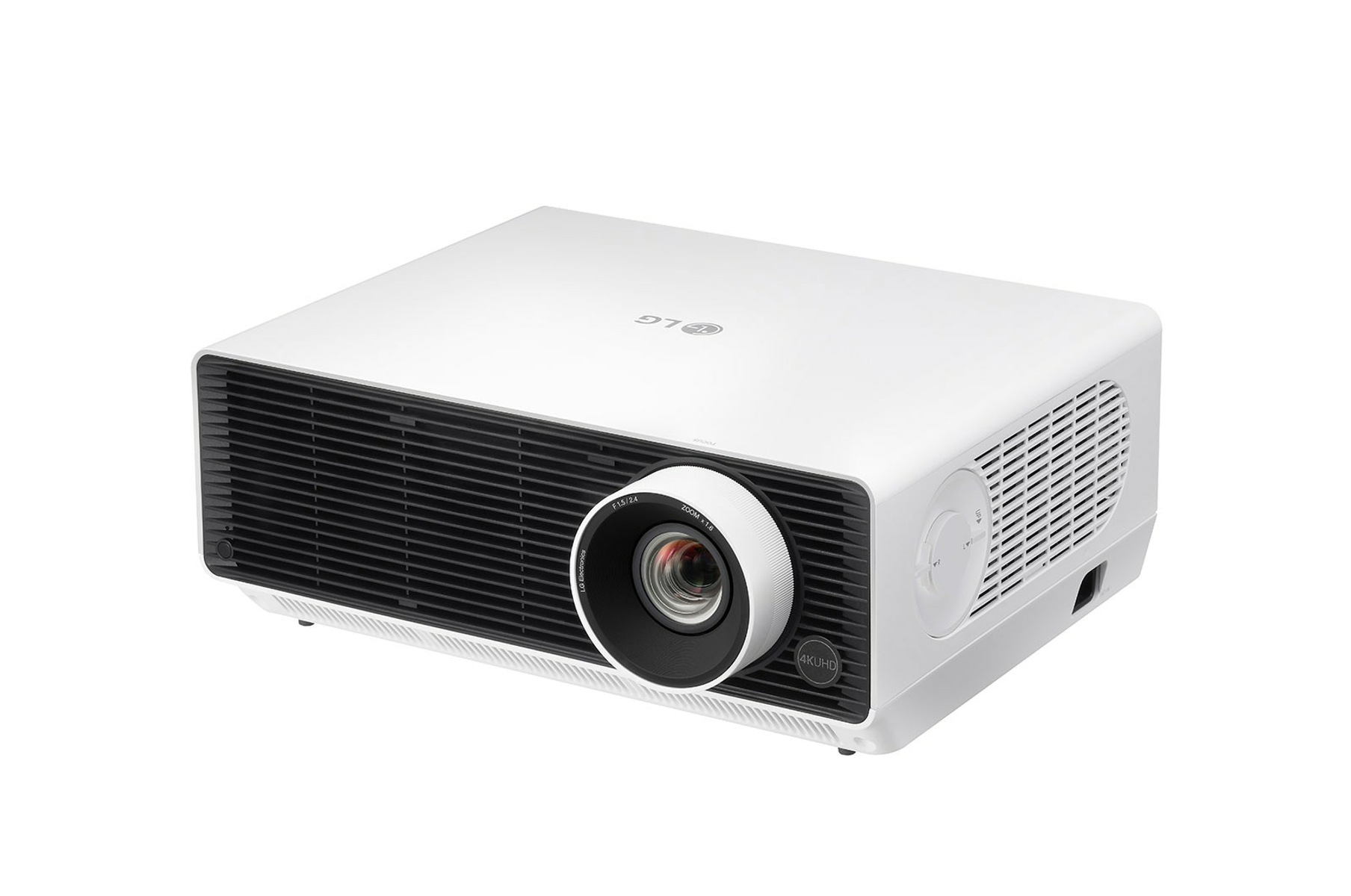 Proyector LG blanco. Tiene una lente y rejillas de ventilación negras. 'LG' y '4K UHD' visibles.