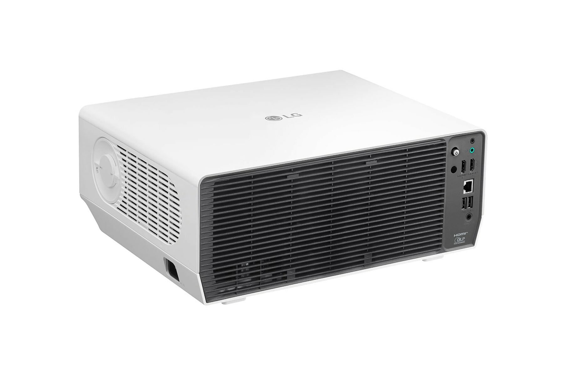 Proyector LG blanco, vista en perspectiva, frontal negro con ventilación.