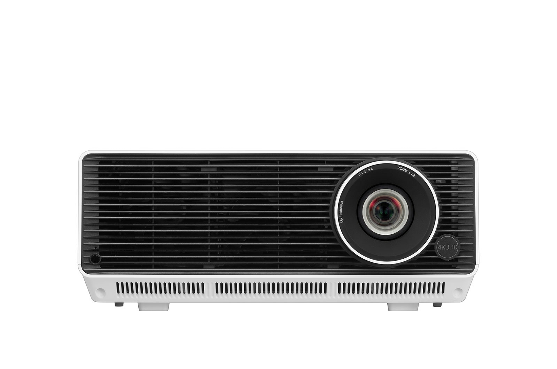 Frente de proyector blanco, con lente y diseño de ventilación, y el logo de LG.