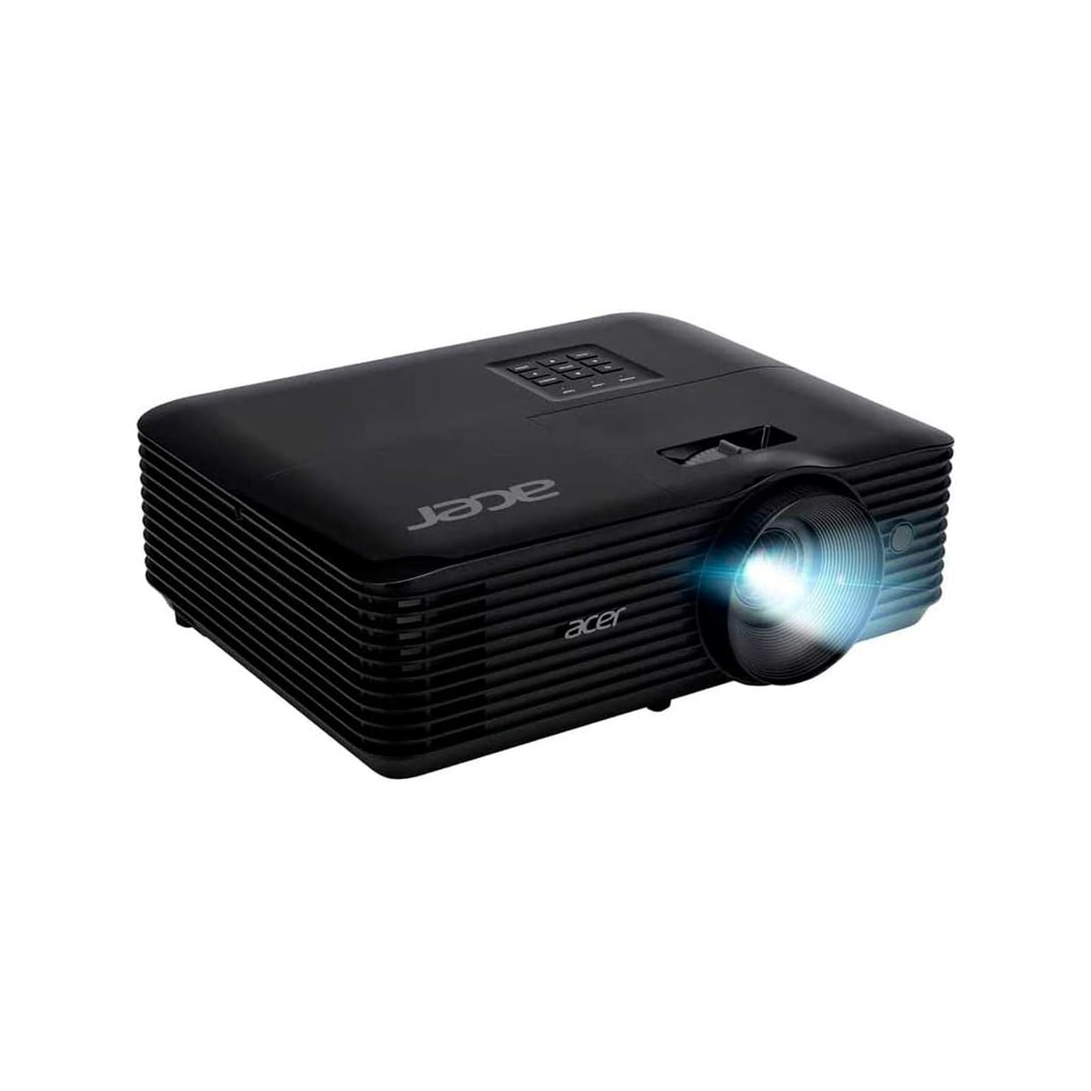 Een zwarte Acer-projector met lens die licht projecteert, schuine weergave, Acer-logo zichtbaar.