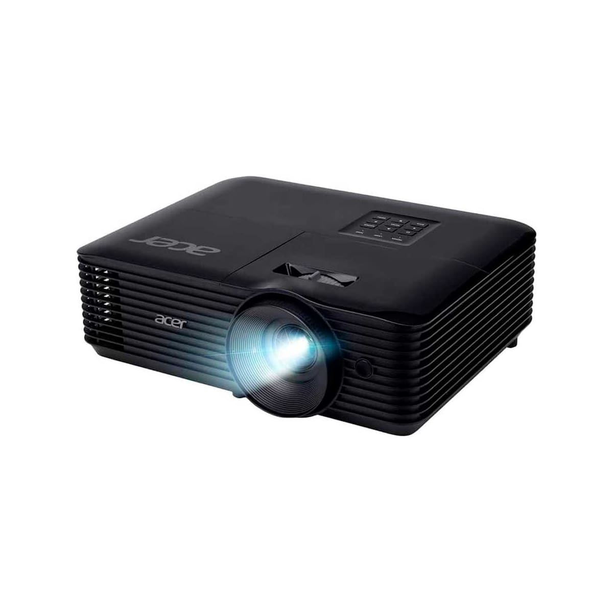 Een zwarte Acer projector met een oplichtende lens, schuine weergave.