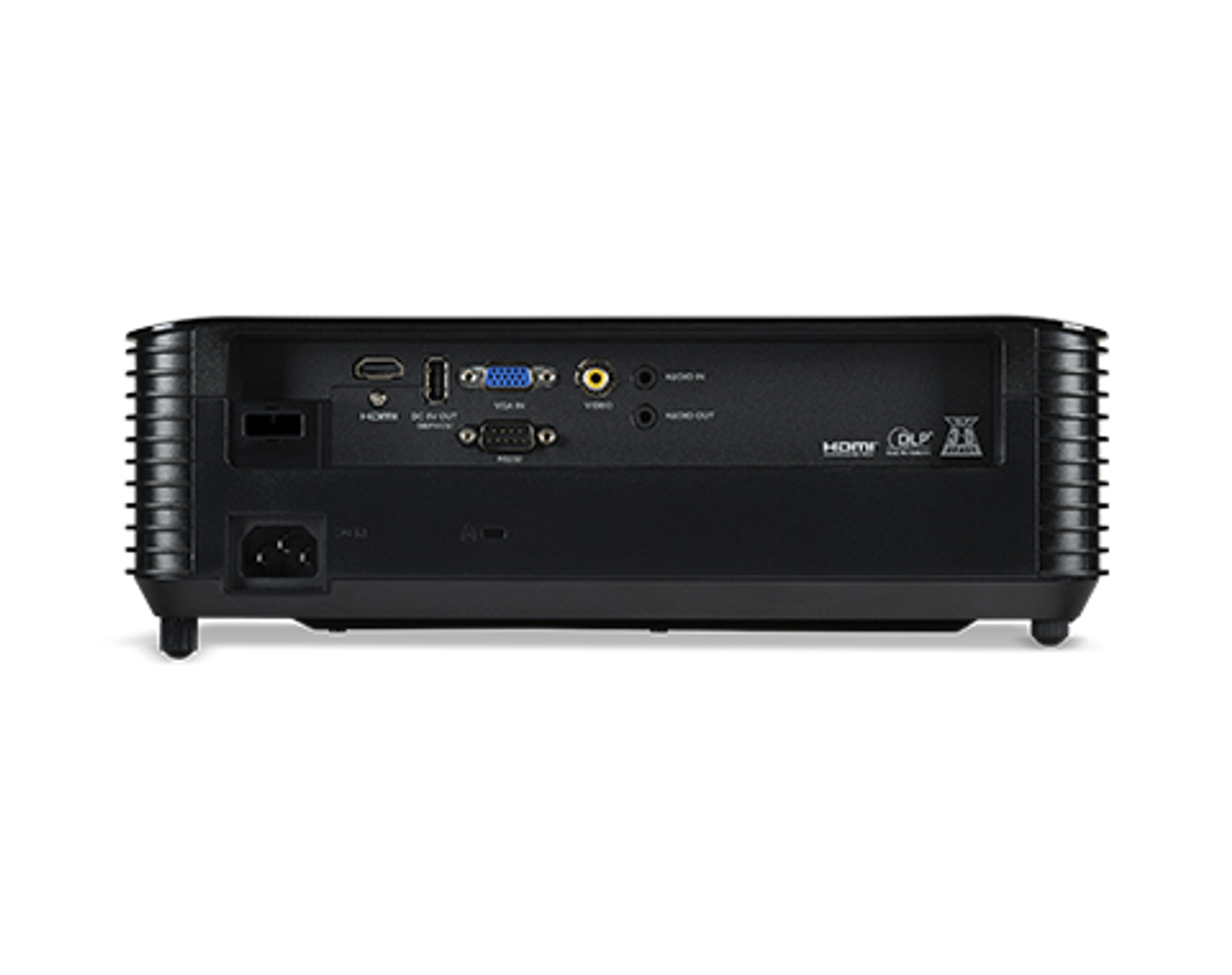 Achterkant van een zwarte projector met diverse ingangspoorten. Er is een voedingsconnector en HDMI-poorten.