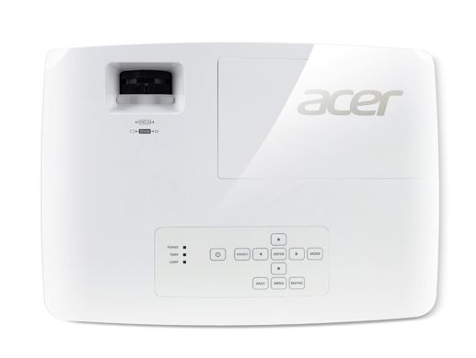 Vista dall'alto di un proiettore Acer bianco. Ha un logo Acer e pulsanti di controllo.