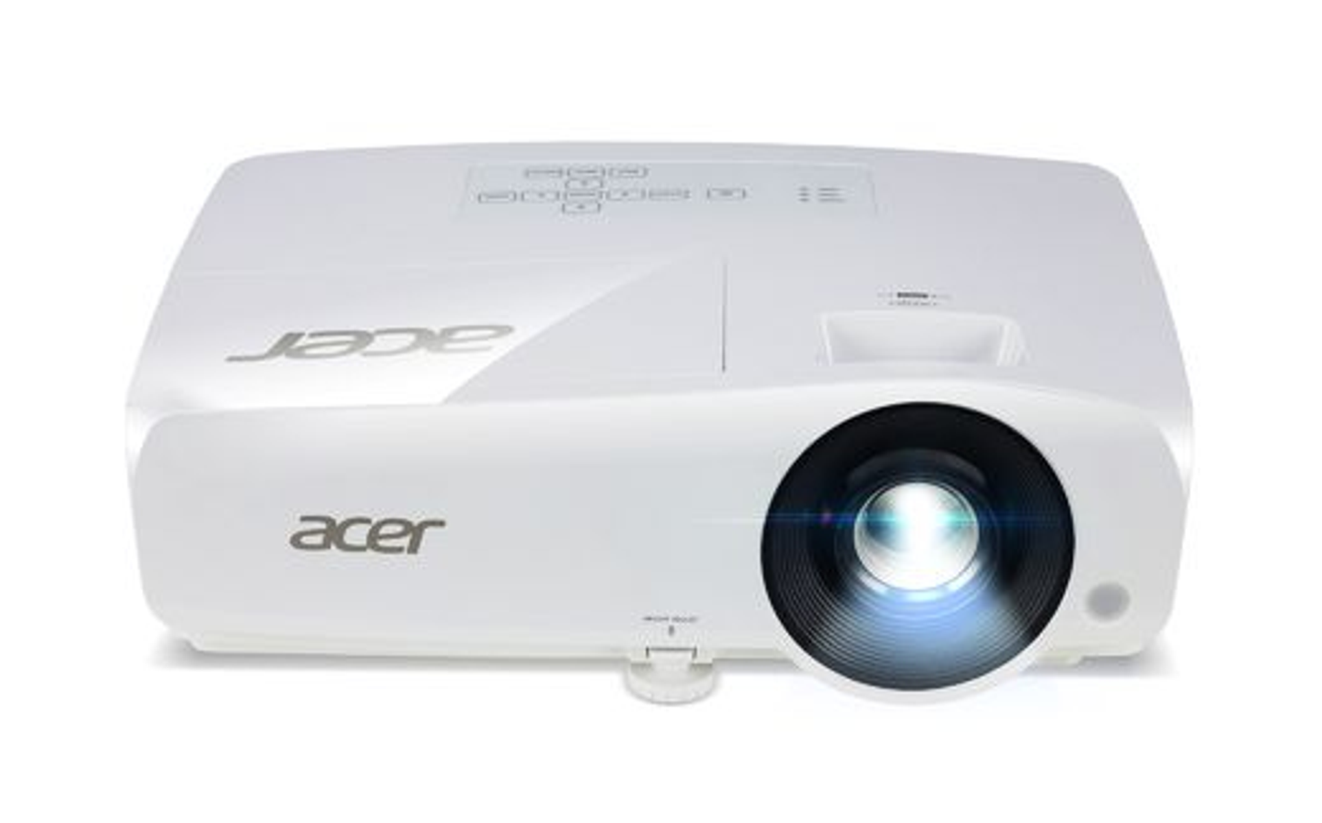 Proiettore Acer bianco, vista frontale, che mostra l'obiettivo e il logo Acer. La luce brilla dall'obiettivo.