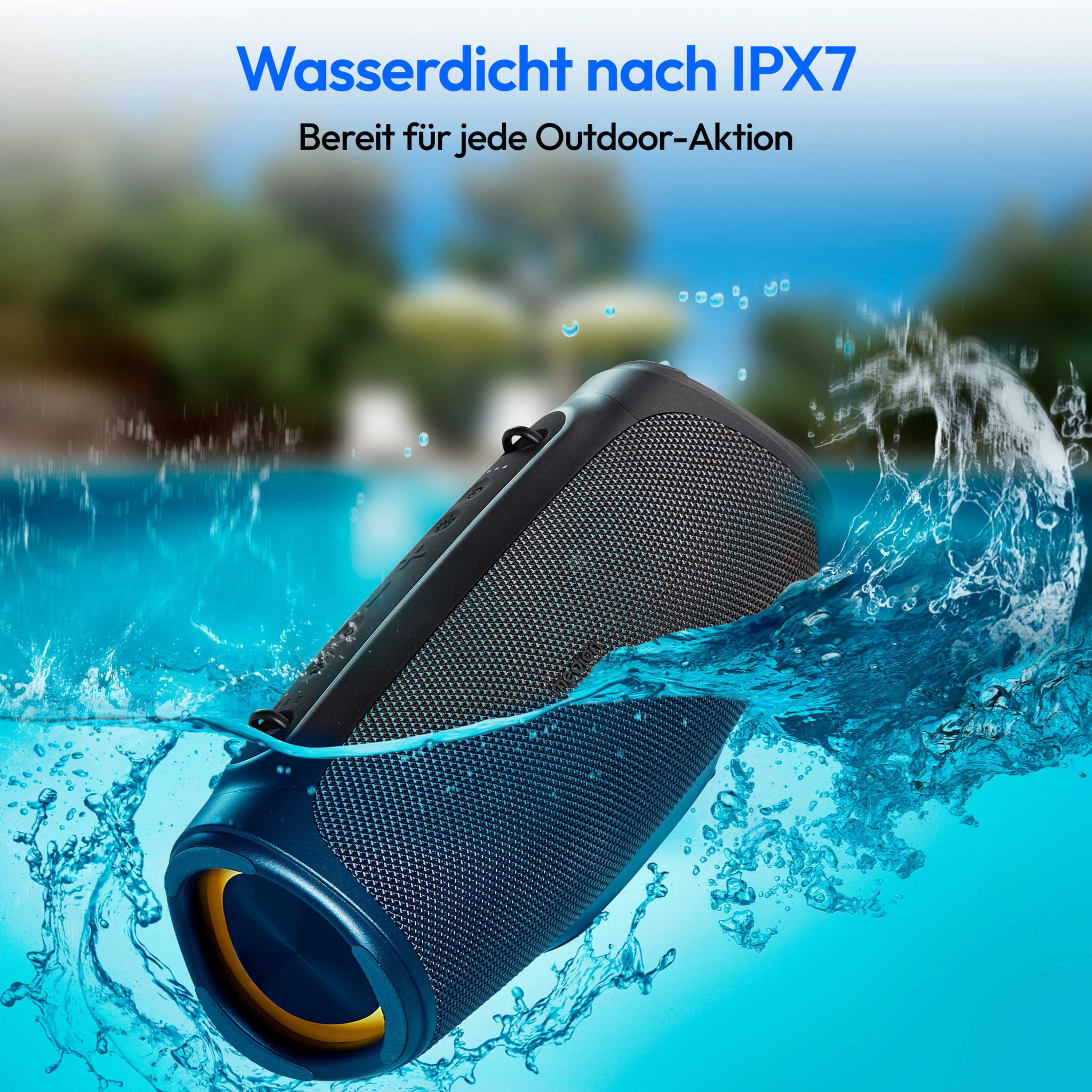 Zwarte en blauwe luidspreker ondergedompeld in water. Water spettert. Tekst: Waterdicht IPX7.