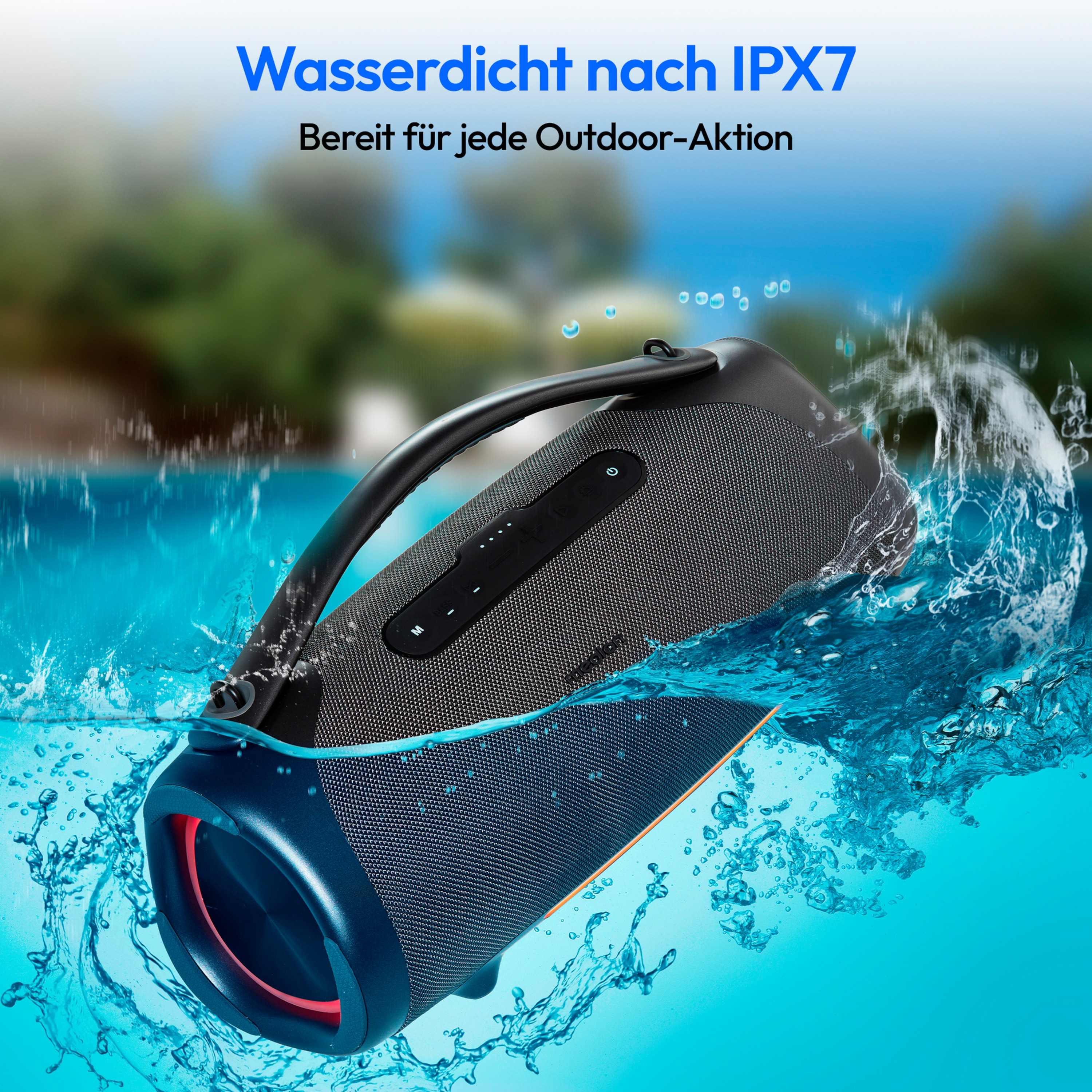Een zwarte luidspreker ondergedompeld in water. Water spettert eromheen. Tekst zegt waterdicht IPX7.