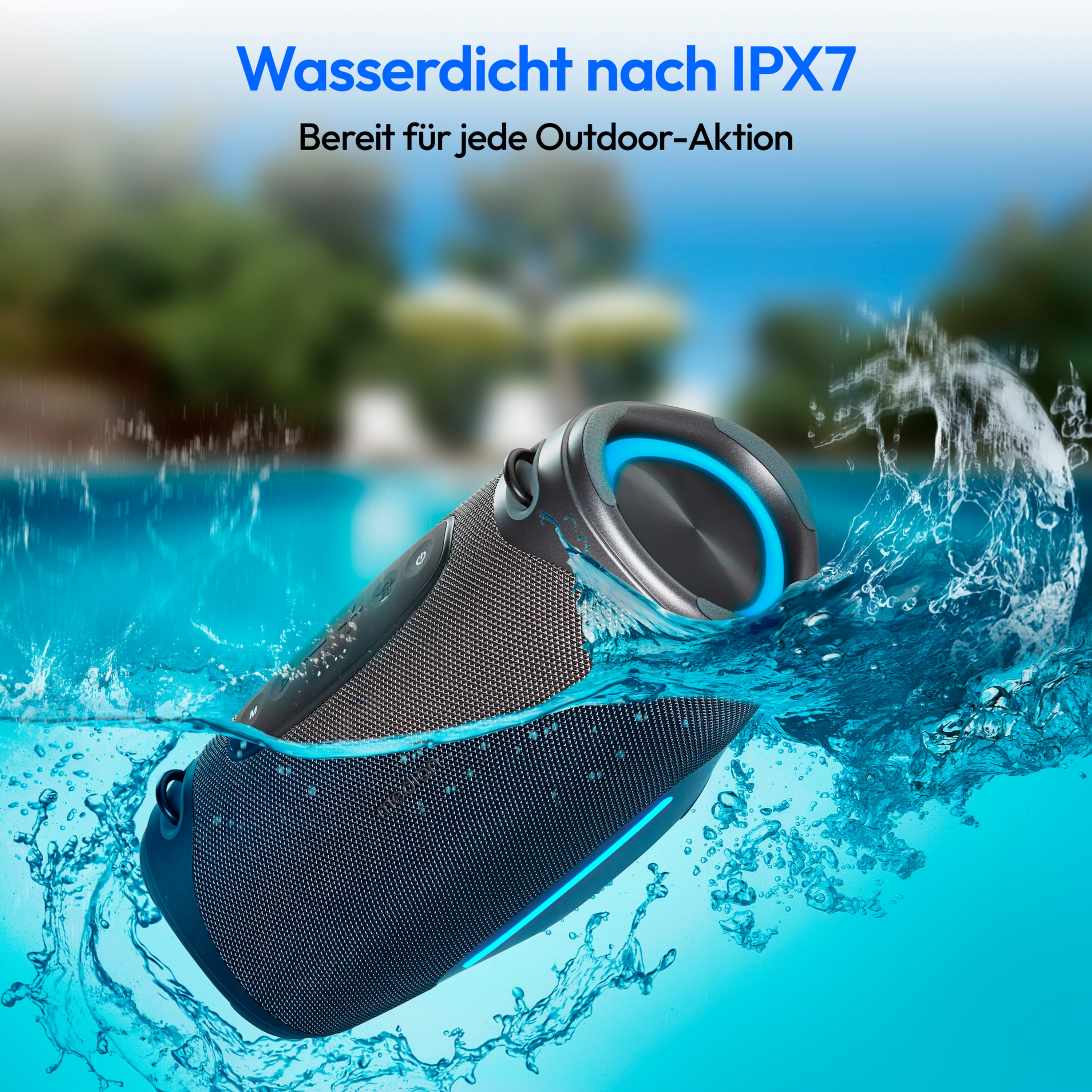 Zwarte en blauwe luidspreker ondergedompeld in water met de tekst 'Waterdicht IPX7'.