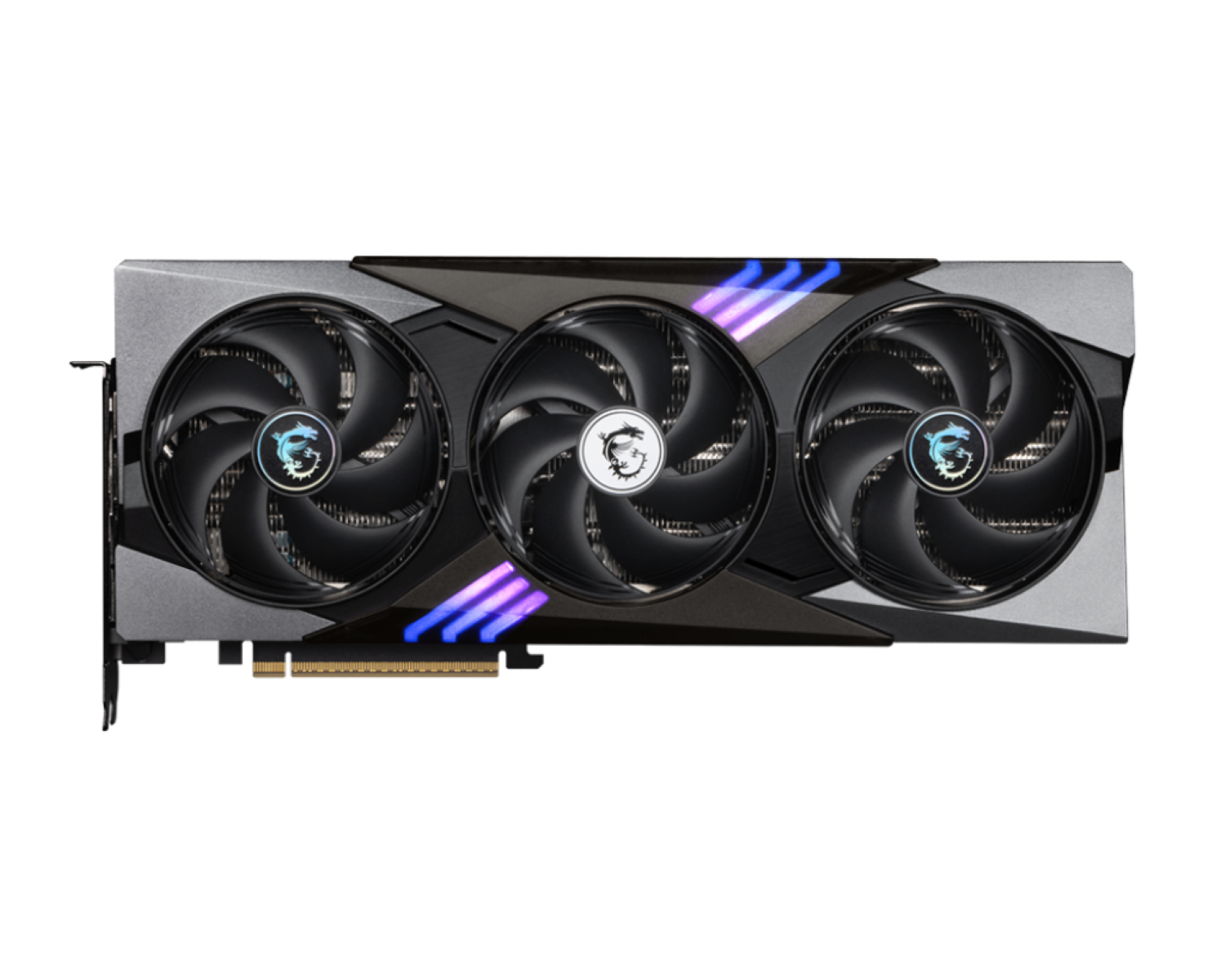 Zbliżenie czarnej karty graficznej MSI z trzema wentylatorami na czarnym tle.