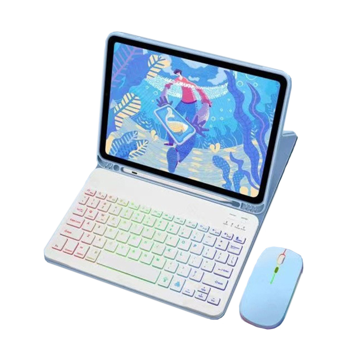 Tablet met toetsenbord en muis. Regenboog toetsenbordverlichting. Witte achtergrond.