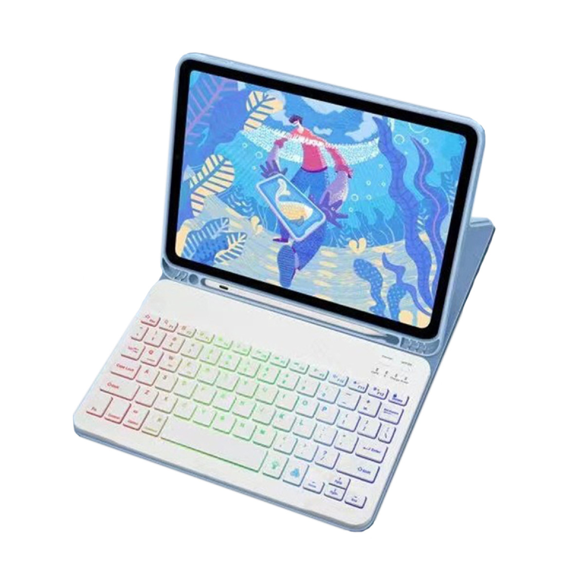 Tablet met toetsenbordhoes. Scherm toont illustratie van een persoon op een vliegende vogel.