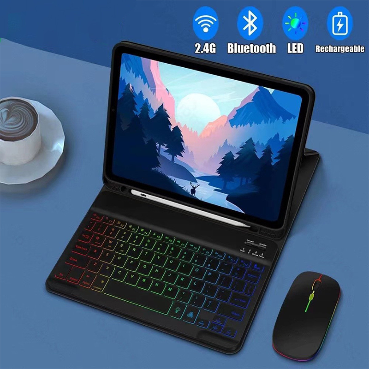 Tablet z klawiaturą i myszką, ikony u góry, niebieskie tło.