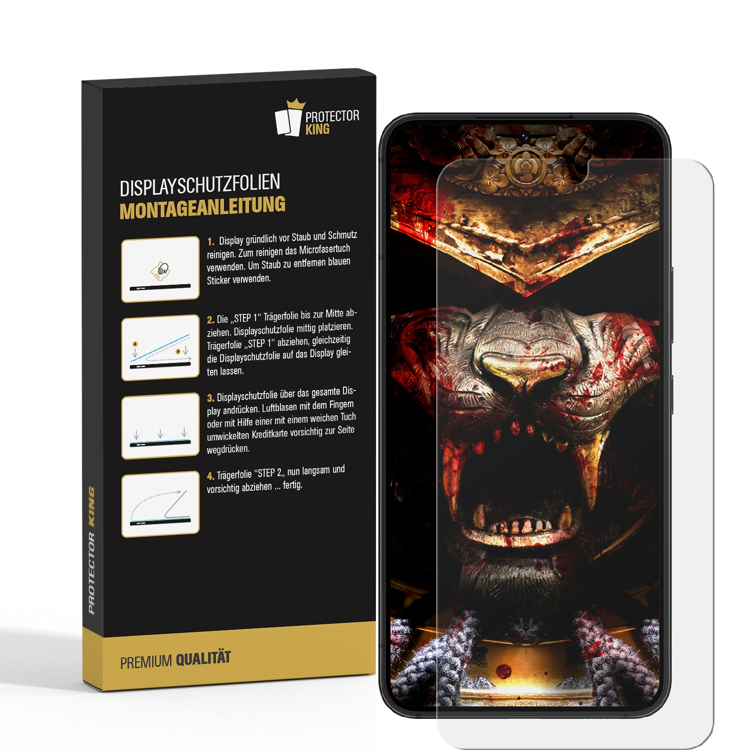 Telefon mit Displayschutzfolie, Verpackungskarton mit Anleitung, auf weißem Hintergrund.