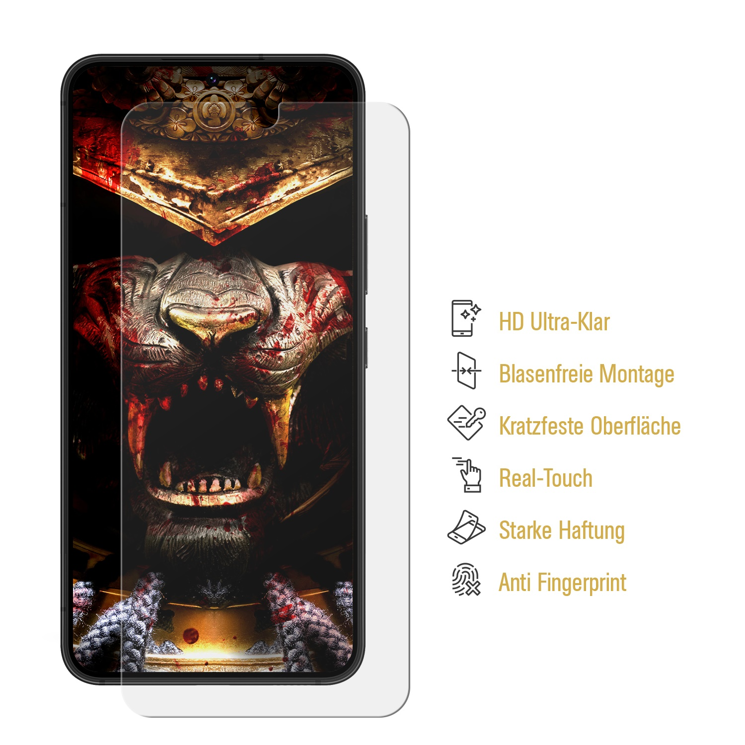 Smartphone-Bildschirm mit Löwenkunst und Displayschutzfolie.