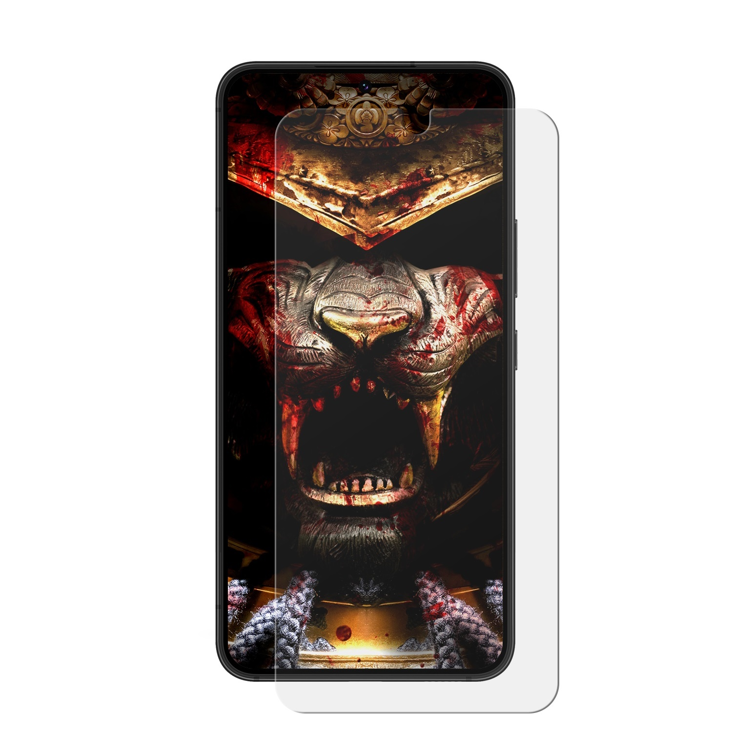 Ein Smartphone-Displayschutz mit einer tigerartigen Krieger-Illustration. Das Telefon wird angezeigt.
