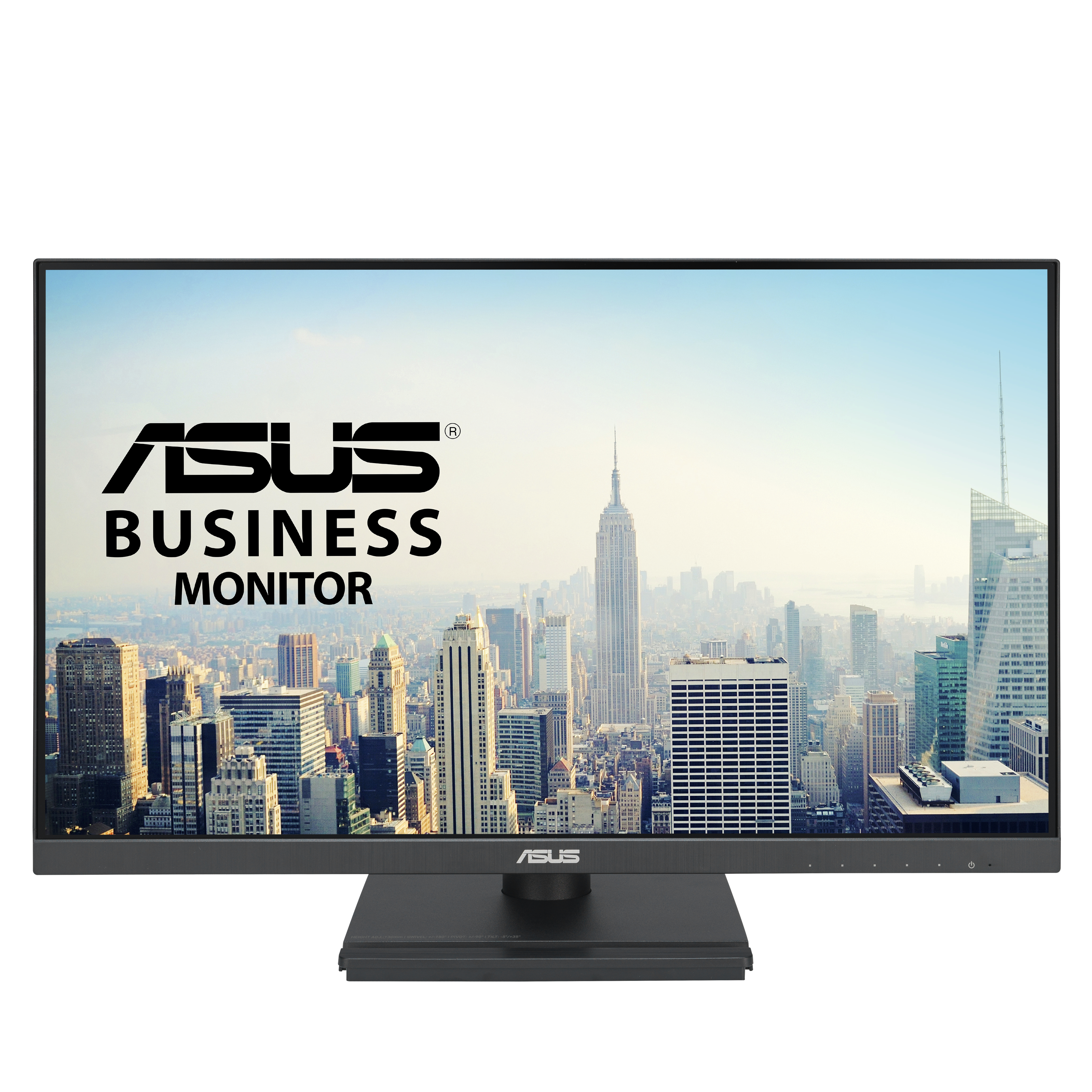 Czarny monitor ASUS Business z tłem miasta. Monitor ma logo ASUS.