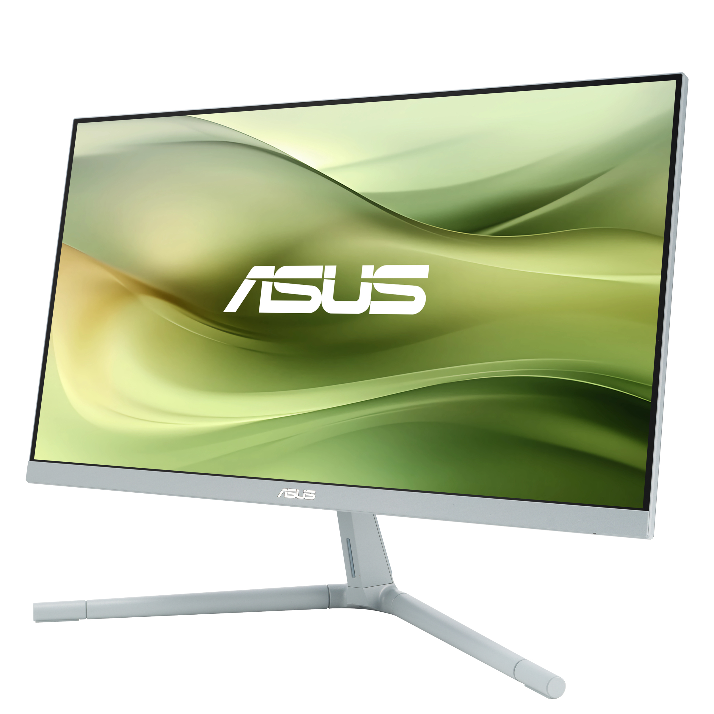 Monitor ASUS z zielono-białym tłem, srebrną podstawą, widok z kąta.