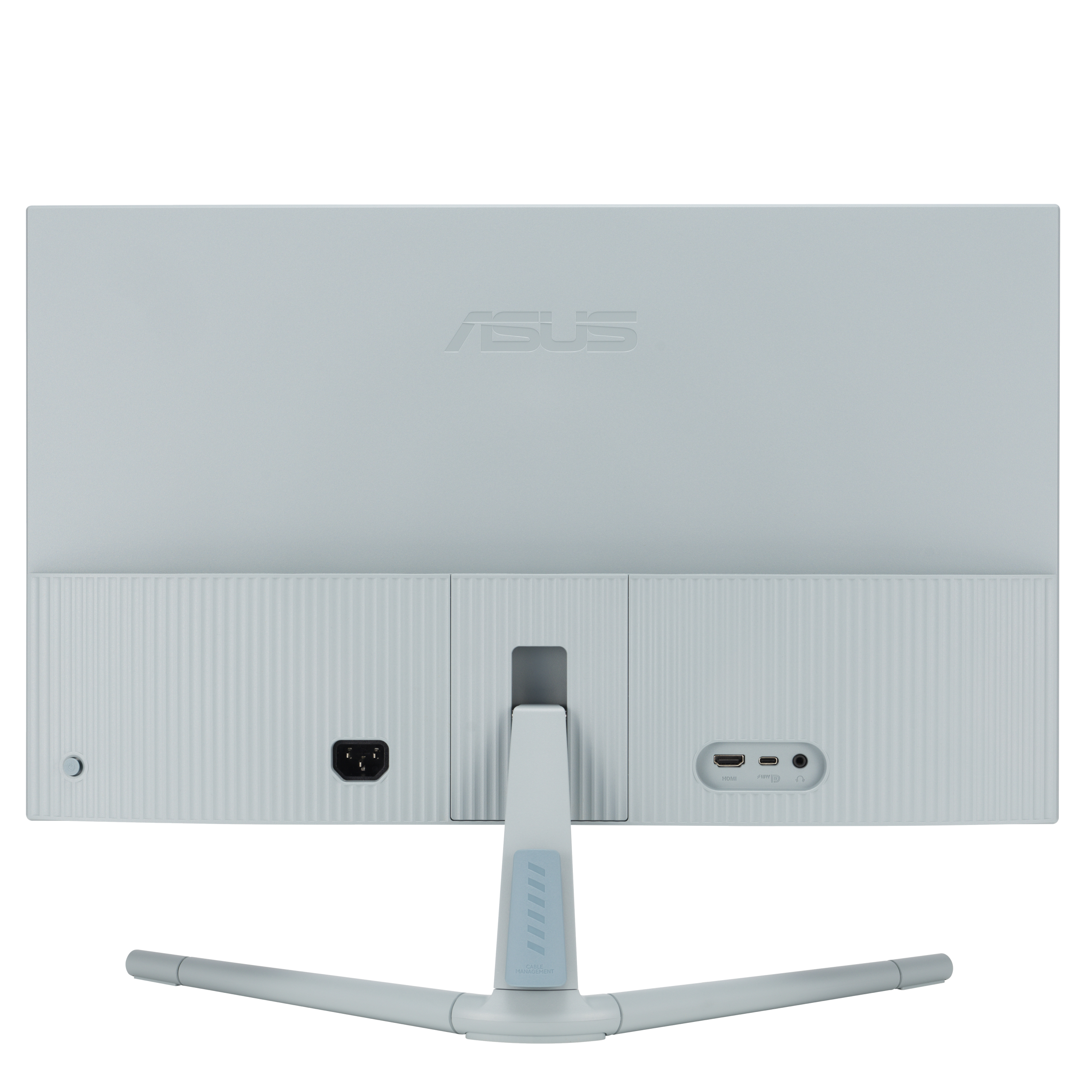Tył jasnoniebieskiego monitora ASUS ze stojakiem i różnymi portami, odizolowany na białym tle.