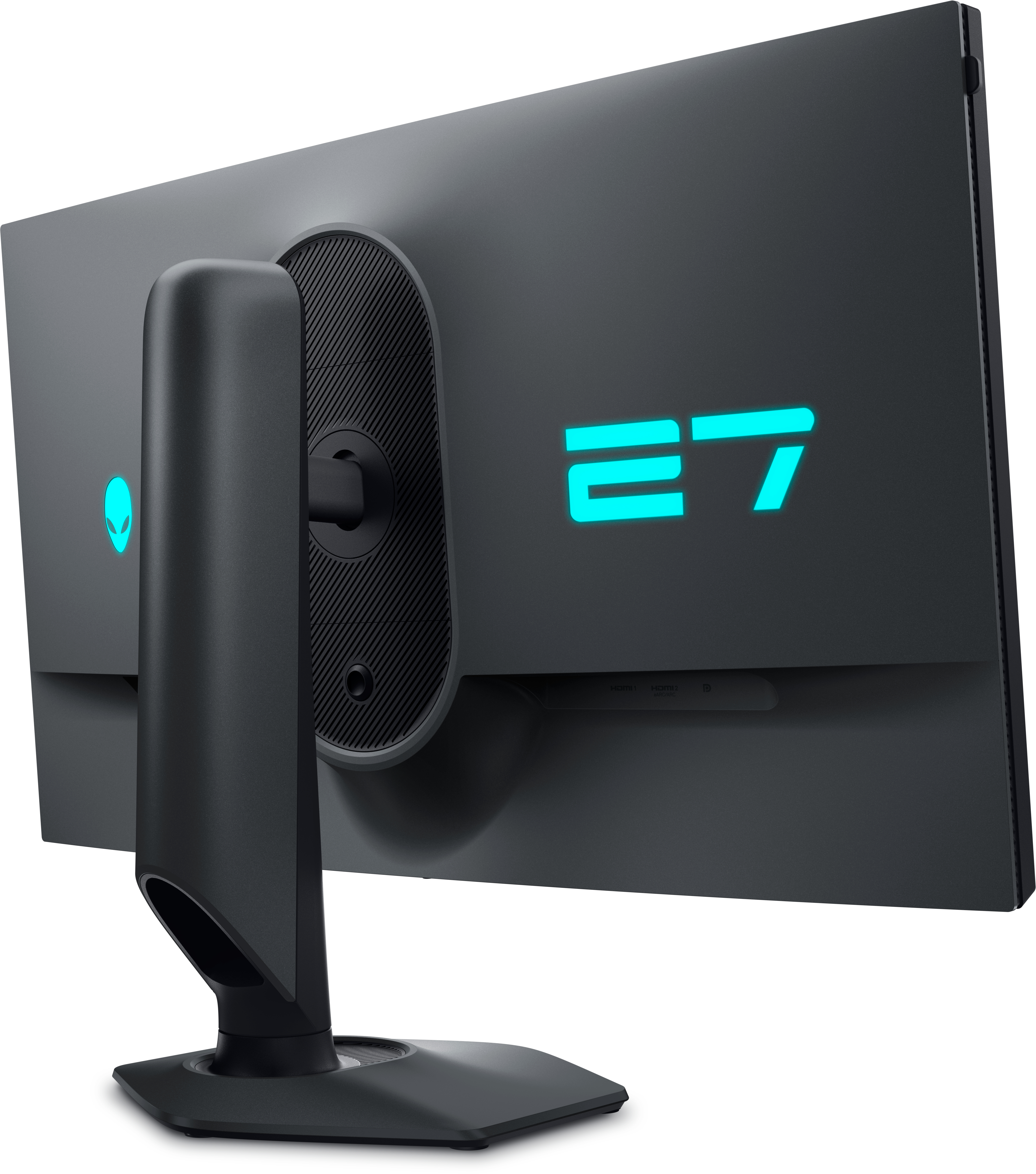 Schwarze Rückseite des Alienware 27 Monitors. Die Zahl 27 ist türkis beleuchtet. Der Ständer und die Anschlüsse sind sichtbar.