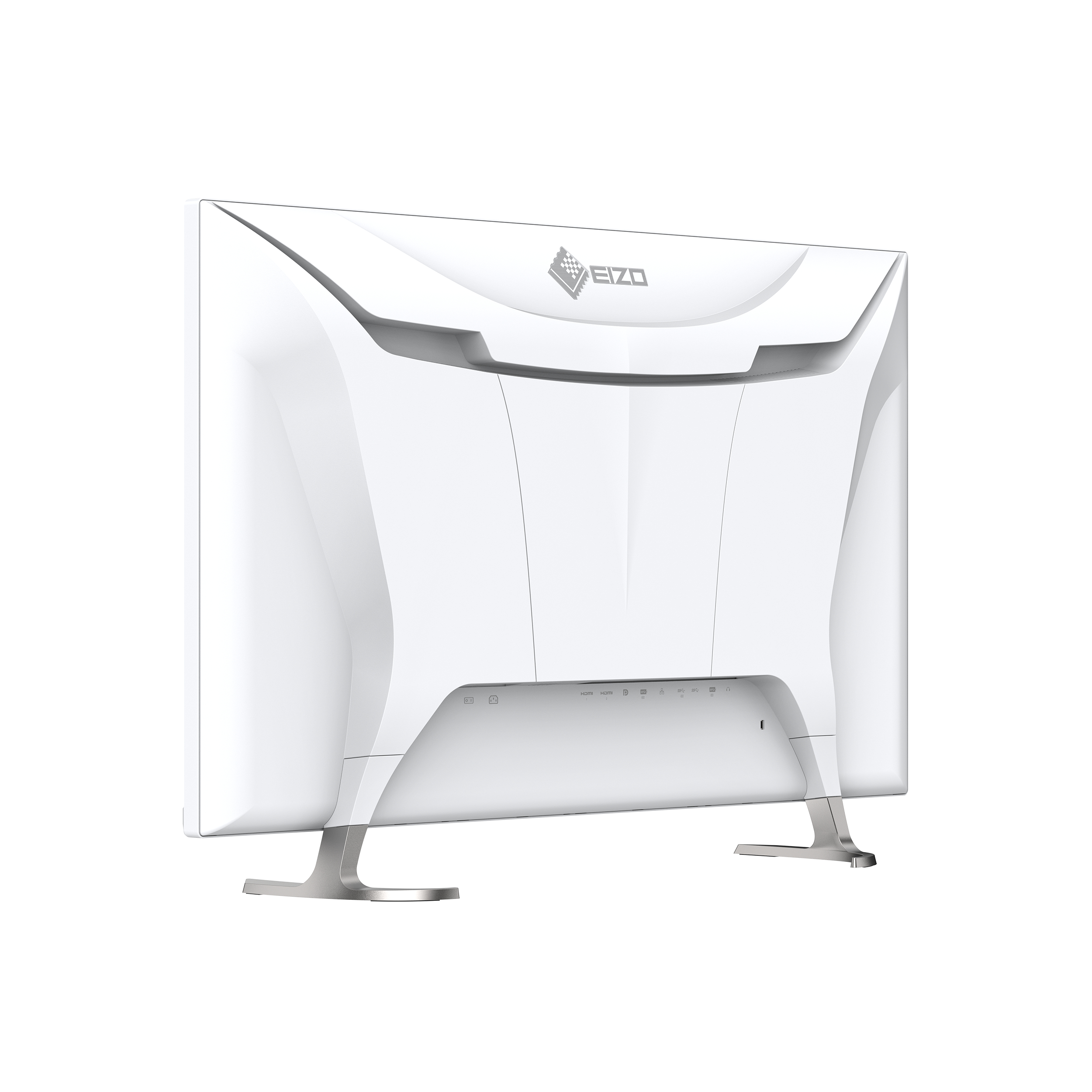 Widok z tyłu białego monitora komputerowego, srebrny stojak, logo EIZO.