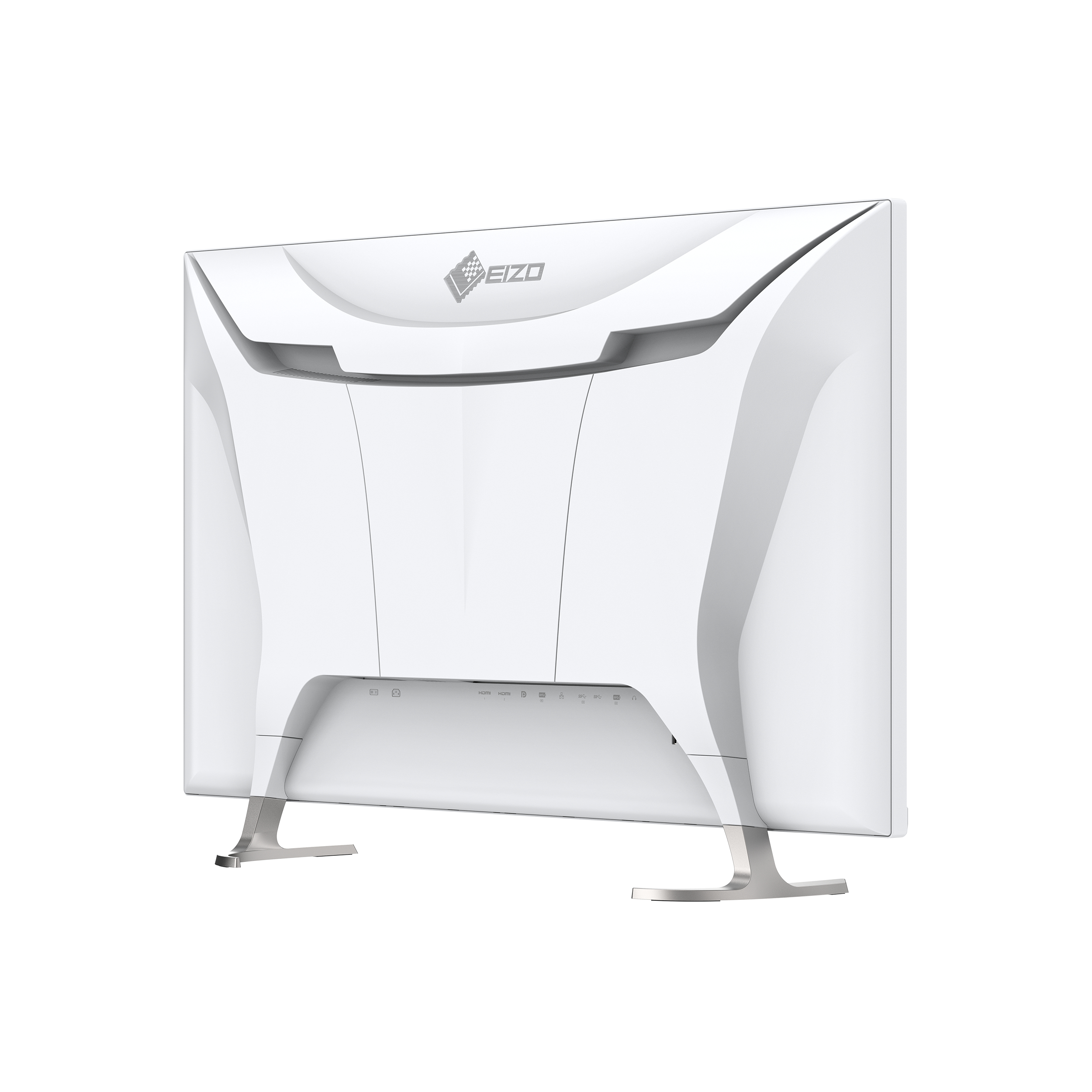 Widok z tyłu białego monitora Eizo o unikalnym designie i portach, na białym tle.