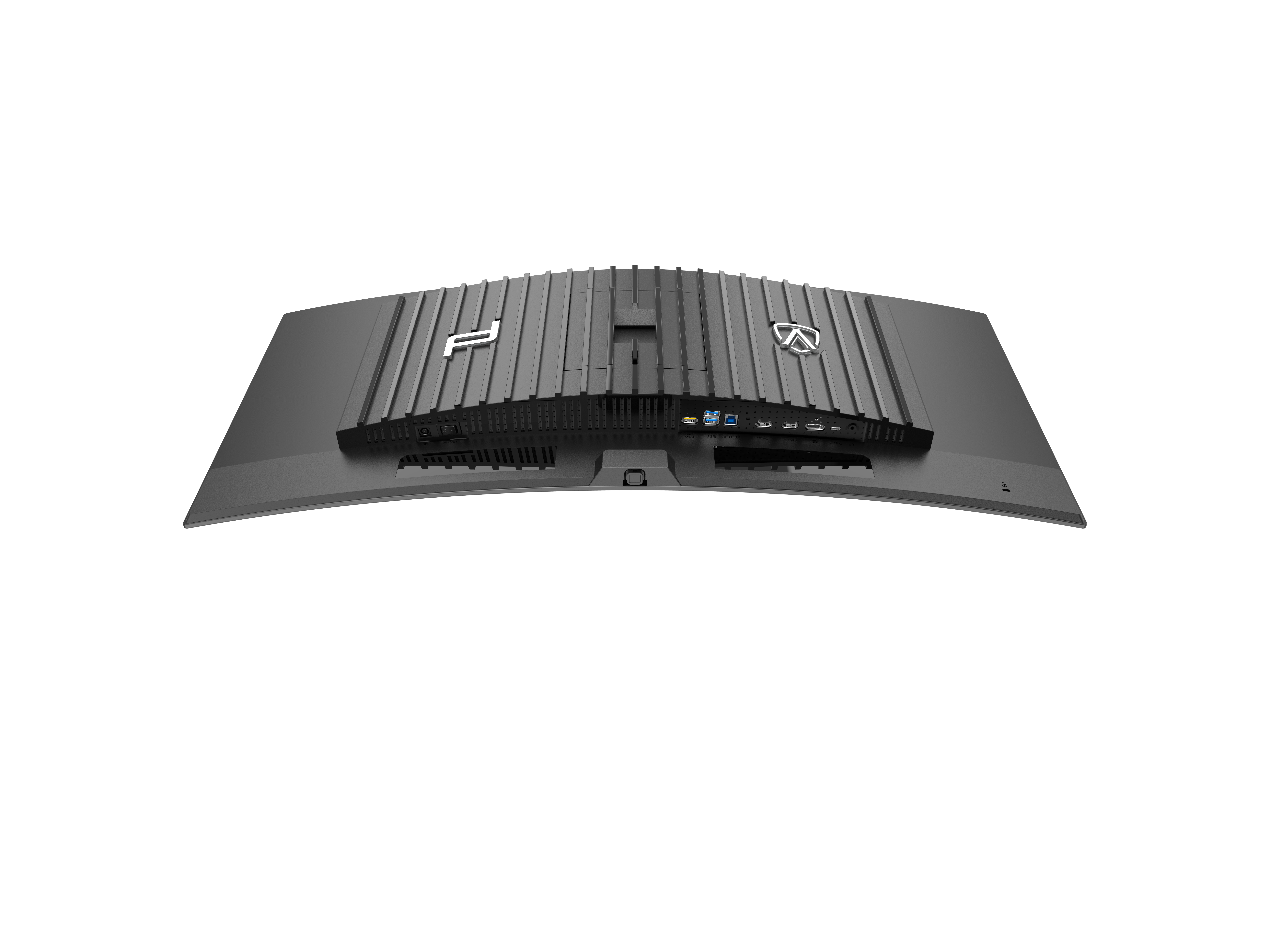 Czarny monitor MSI. Widok od dołu. Porty i połączenia. Zakrzywiony ekran. Logo MSI.